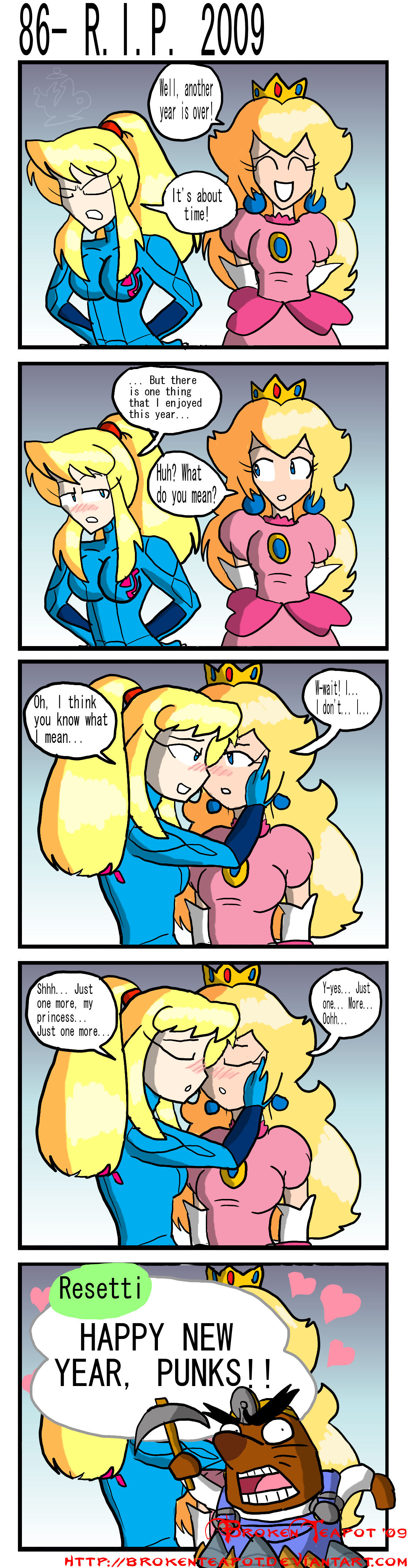 1boy 2000s 2009 2girls 5koma animal_crossing anthro blonde_female blonde_hair brokenteapot comic dialogue english_text female female_focus imminent_kiss male mario_(series) metroid mr._resetti multiple_girls new_years_eve nintendo not_porn princess_peach samus_aran speech_bubble super_smash_bros. text yuri