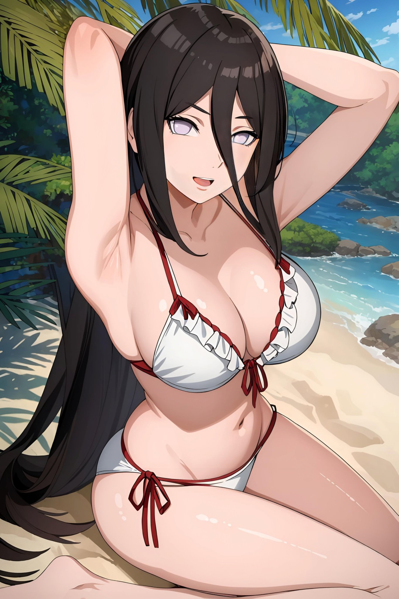 1girls, ai generated, arms behind head, arms up, bangs, bare legs, bare shoulders, barefoot, beach, big breasts, bikini, bikini bottom, bikini top, boruto: naruto next generations, breasts, brown hair, busty, cleavage, collarbone, curvaceous, curvy, curvy body, curvy female, curvy figure, deinacht, dienacht, female, front-tie bikini, front-tie bikini top, hair between eyes, hourglass figure, huge breasts, hyuuga hanabi, kneeling, knees together feet apart, legs together, light skin, light-skinned female, long hair, looking at viewer, naruto, naruto (series), open mouth, open smile, oppai, outdoors, pinup, pose, posing, posing for the viewer, purple eyes, sand, seaside, shiny, shiny hair, shiny skin, side-tie bikini, side-tie bikini bottom, sitting, smile, smiling, smiling at viewer, stable diffusion, swimsuit, thick thighs, very long hair, voluptuous
