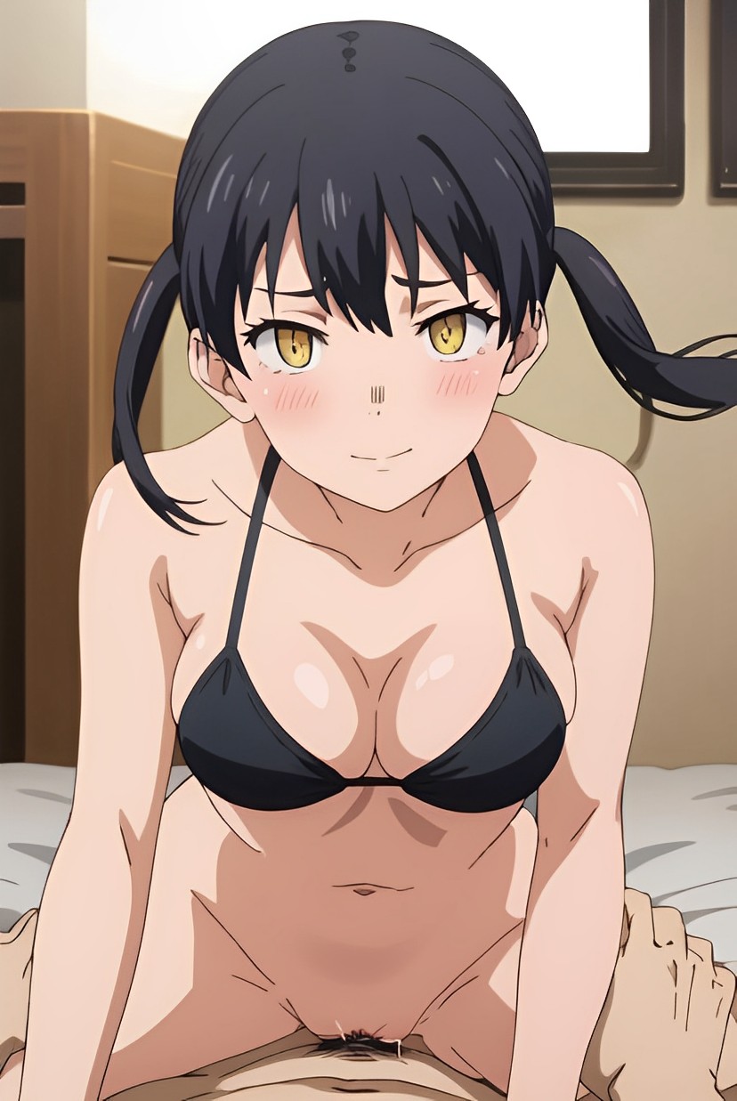 1boy, 1girls, ai generated, bed, bikini, black hair, blush, bra, breasts, clothed, clothed female, cowgirl position, enen no shouboutai, female, fire force, happy sex, kotatsu tamaki, leaning forward, light skin, light-skinned female, long hair, looking at viewer, male, medium breasts, nopemope26, nude, on bed, on top, one eye closed, penetration, penis, pov, pov crotch, pov eye contact, pussy, riding, riding penis, sex, smile, smiling at viewer, twintails, vagina, vaginal insertion, vaginal penetration, vaginal sex, waist, waist grab, yellow eyes