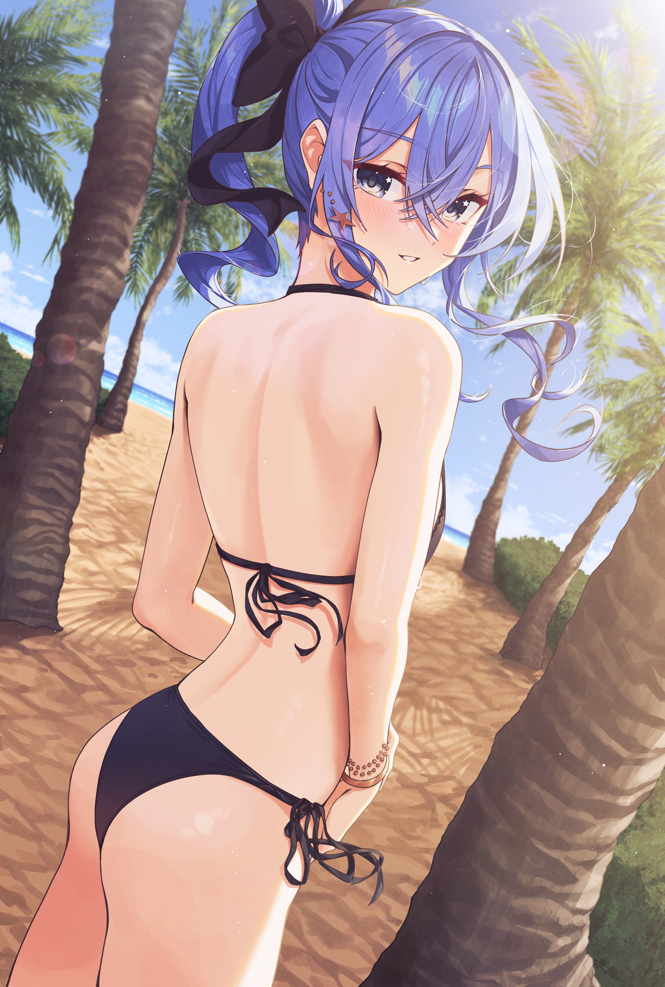 1girls, ass, back, bare back, bare shoulders, female, hololive, hololive gen 0, hololive japan, hoshimachi suisei, looking at viewer, looking back, smile, smiling, solo, tagme, virtual youtuber, yozora (artist)