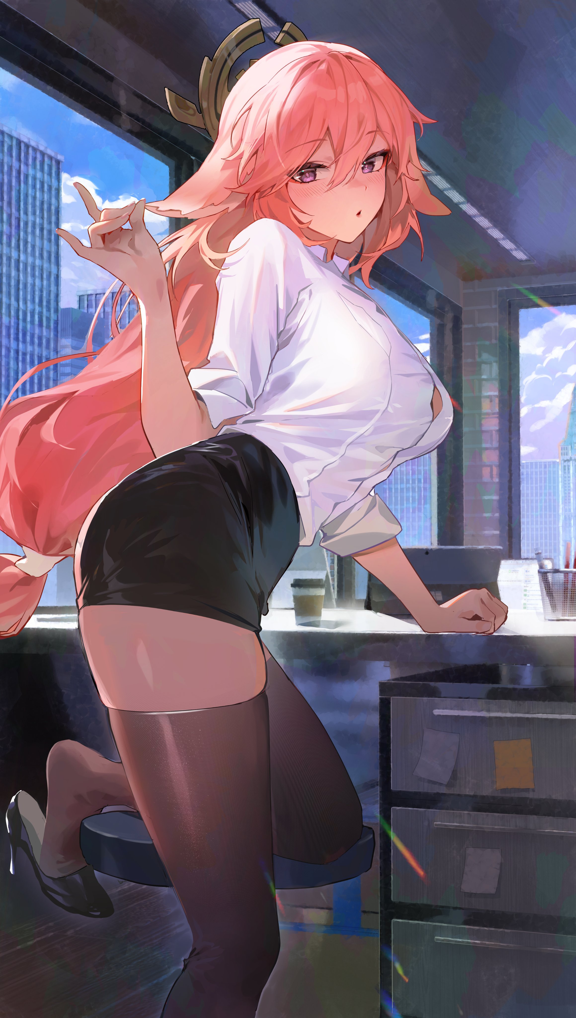 breasts, city, clothing, female, fox, fox ears, fox girl, genshin impact, large breasts, office, office lady, pink hair, purple eyes, skirt, thick thighs, thighhighs, window, yae miko