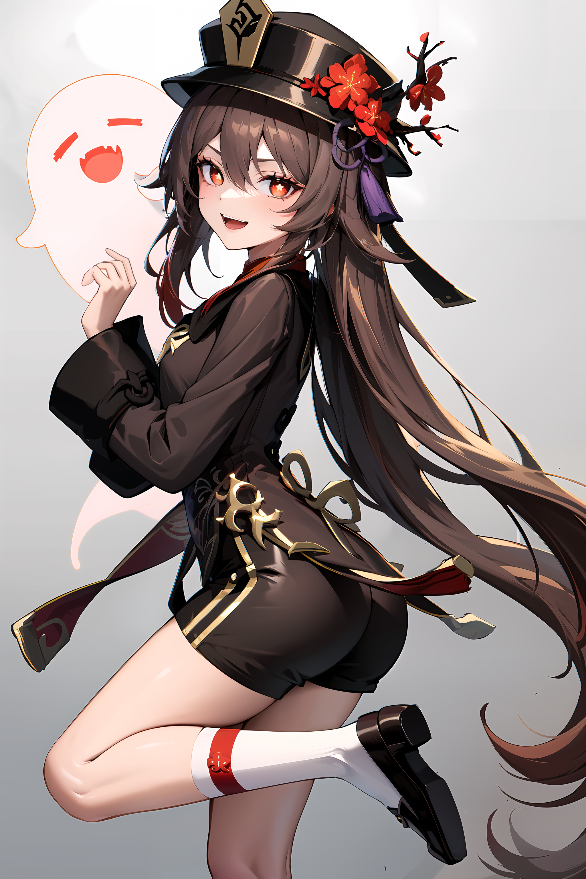 ai generated, ass, black shorts, boo tao (genshin impact), breasts, brown hair, chinese clothes, female, from behind, genshin impact, ghost, hat, hat ornament, hu tao (genshin impact), long hair, looking at viewer, open mouth, red eyes, shiny, shiny clothes, shiny hair, shiny skin, short shorts, shorts, sideboob, smile, twintails, very long hair