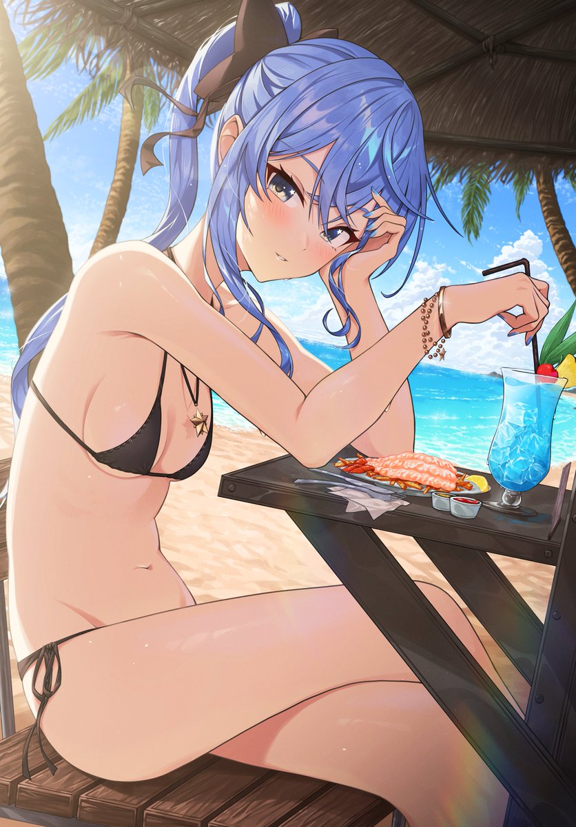 1girls, bare legs, bare midriff, bare thighs, beach, bikini, breasts, female, hololive, hololive gen 0, hololive japan, hoshimachi suisei, looking at viewer, small breasts, smile, smiling, solo, swimsuit, tagme, thighs, virtual youtuber, yozora (artist)