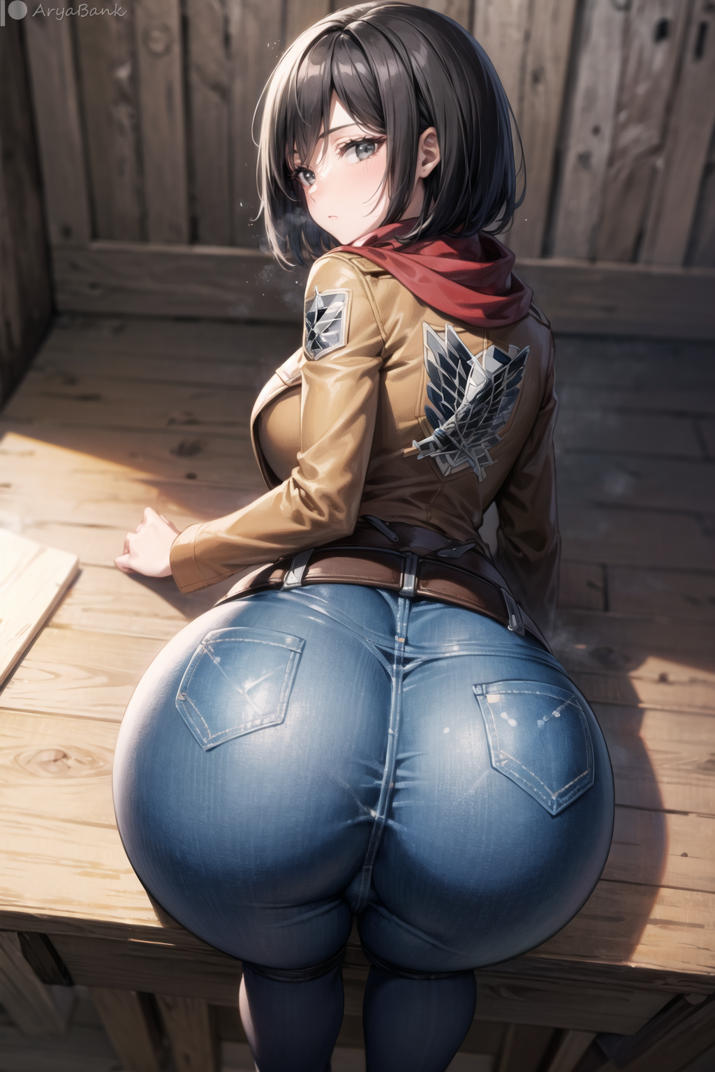 ai generated, ass, ass focus, attack on titan, bent over, blush, brown eyes, brown hair, cameltoe, denim, female, from behind, huge ass, jacket, jeans, leaning, leaning forward, looking at viewer, looking back, mikasa ackerman, pants, pussy, red scarf, scarf, shingeki no kyojin, shiny, shiny clothes, shiny hair, short hair, solo, tight pants