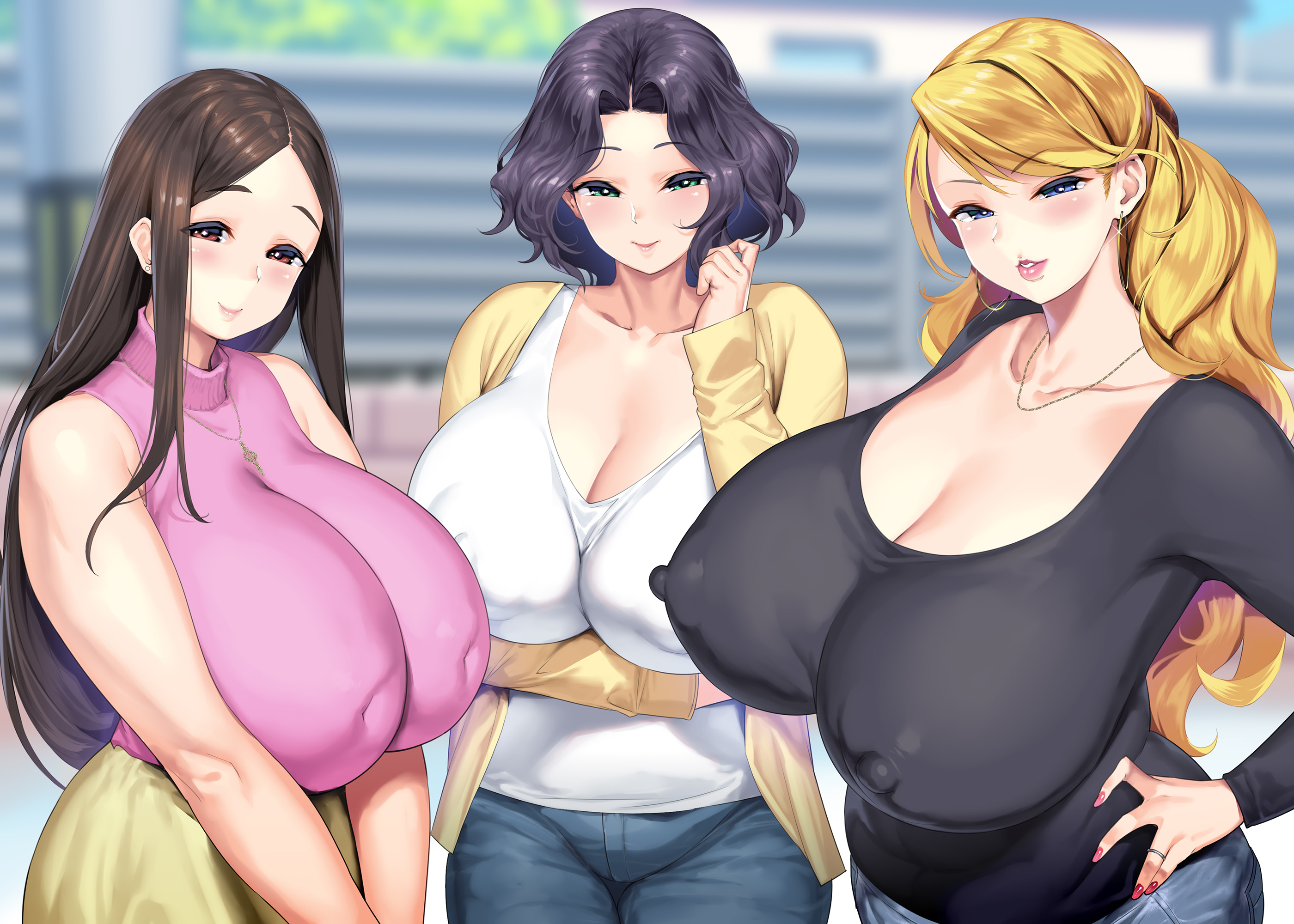2023, 3girls, absurd res, bare arms, bare shoulders, black hair, black shirt, blonde hair, blue eyes, blurry, blurry background, blush, breasts, brown eyes, brown hair, cardigan, cleavage, clothed, clothing, erect nipples, erect nipples under clothes, eyebrows visible through hair, female, female only, green eyes, hakai shin, half-closed eyes, hand on hip, highres, house, huge breasts, inverted nipples, lipstick, long hair, looking at viewer, makeup, multiple females, multiple girls, nail polish, nipple bulge, nipples, open cardigan, open clothes, original, outdoors, pants, pink lipstick, pink nails, pink sweater, ring, seductive, shirt, short hair, skin tight, skirt, sky, sleeveless, sleeveless sweater, smile, standing, street, sweater, take your pick, teeth, tight clothing, turtleneck, turtleneck sweater, v arms, very long hair, wedding ring, white shirt