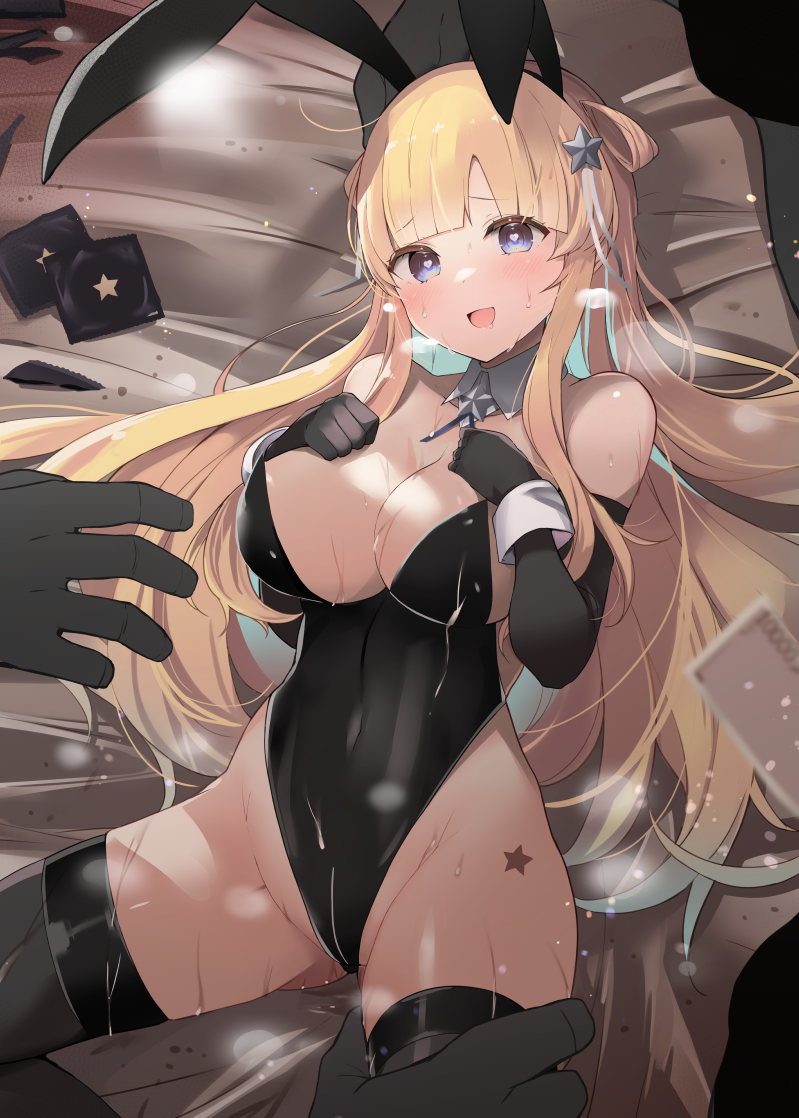 3boys animal_ears bed_sheet black_gloves black_leotard black_thighhighs blonde_hair blue_eyes blush breasts cleavage condom condom_wrapper detached_collar elbow_gloves fake_animal_ears female fletcher_(kantai_collection) gloves groin hair_ornament kantai_collection large_breasts leotard long_hair multiple_boys open_mouth rabbit_ears shin_(new) solo_focus star_(symbol) star_hair_ornament straight strapless strapless_leotard thighhighs