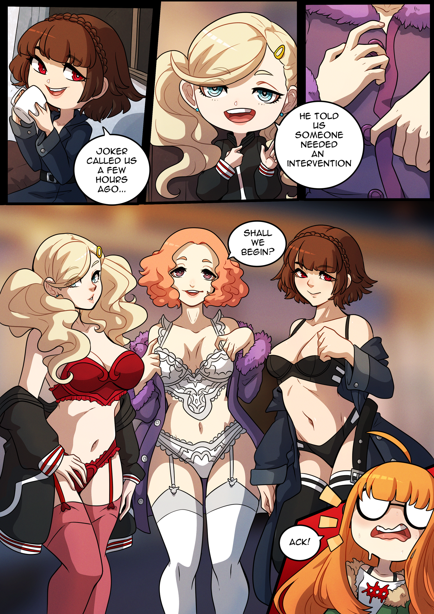 4girls, ann takamaki, atlus, black bra, black panties, blonde hair, blue eyes, bra, braided hair, brown hair, chibi, comic, english text, female, garter straps, glasses, haru okumura, kinkymation, lingerie, makoto niijima, opaque glasses, orange hair, panties, persona, persona 5, red bra, red eyes, red panties, sakura futaba, sega, shocked expression, smile, twintails, undressing, white bra, white panties, yuri