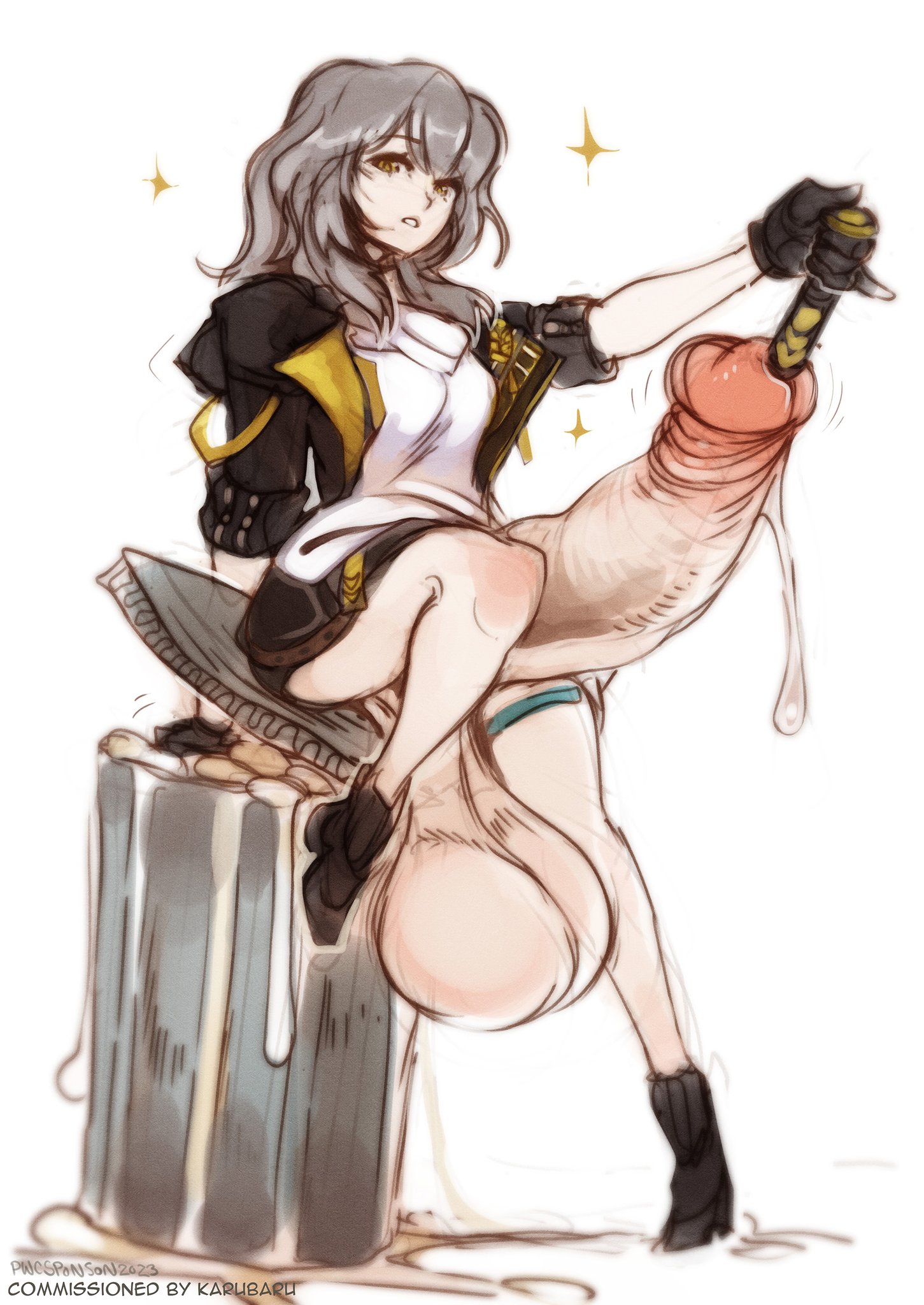 1futa, balls, baseball bat, baseball bat in urethra, black footwear, black gloves, black jacket, bottomless, breasts, clothed, clothing, cum, erection, full body, futa only, futa urethral insertion, futanari, gloves, grey hair, honkai (series), honkai: star rail, huge balls, huge cock, huge testicles, human, intersex, jacket, light skin, light-skinned futa, long hair, mostly clothed, penile urethral insertion, penis, pwcsponson, semen, shirt, sitting, solo, sounding, stelle (honkai: star rail), testicles, trash can, urethral insertion, white shirt, yellow eyes