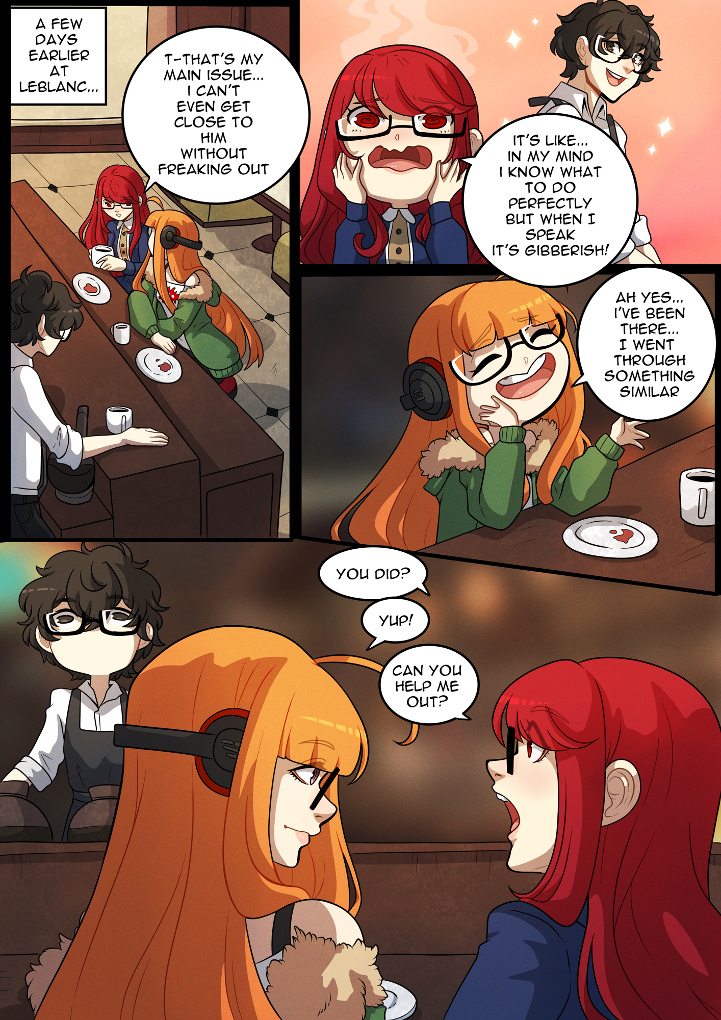 1boy, 2girls, atlus, comic, english text, female, glasses, headphones, kinkymation, long hair, male, orange hair, persona, persona 5, red hair, ren amamiya, sakura futaba, sega, sumire yoshizawa, threesome, yuri
