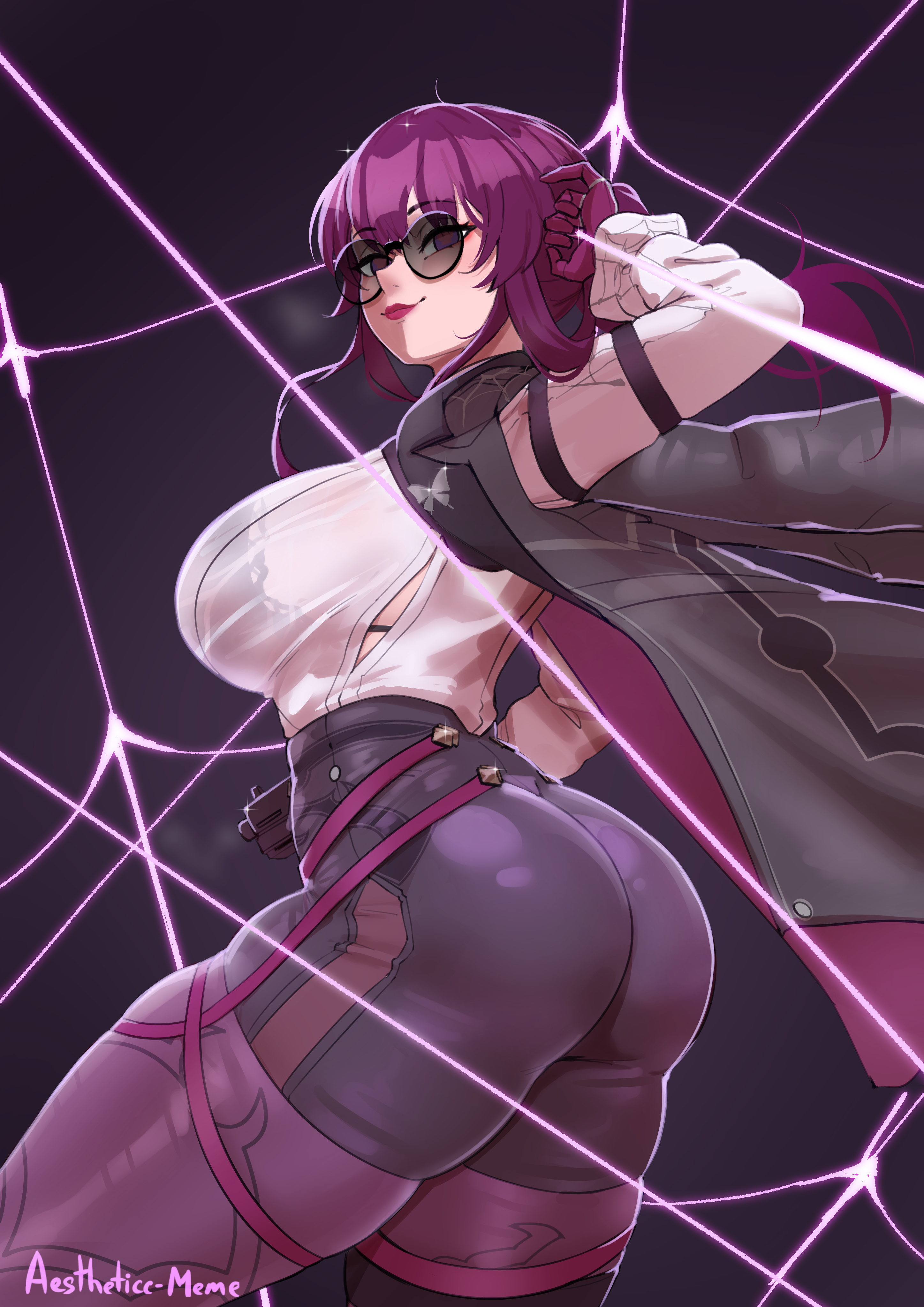 1girls, aestheticc-meme, ass, breasts, clothed, female, hi res, honkai (series), honkai: star rail, huge ass, huge breasts, kafka (honkai: star rail), light skin, purple eyes, purple hair, sunglasses, thick thighs, tight clothing, tinted eyewear
