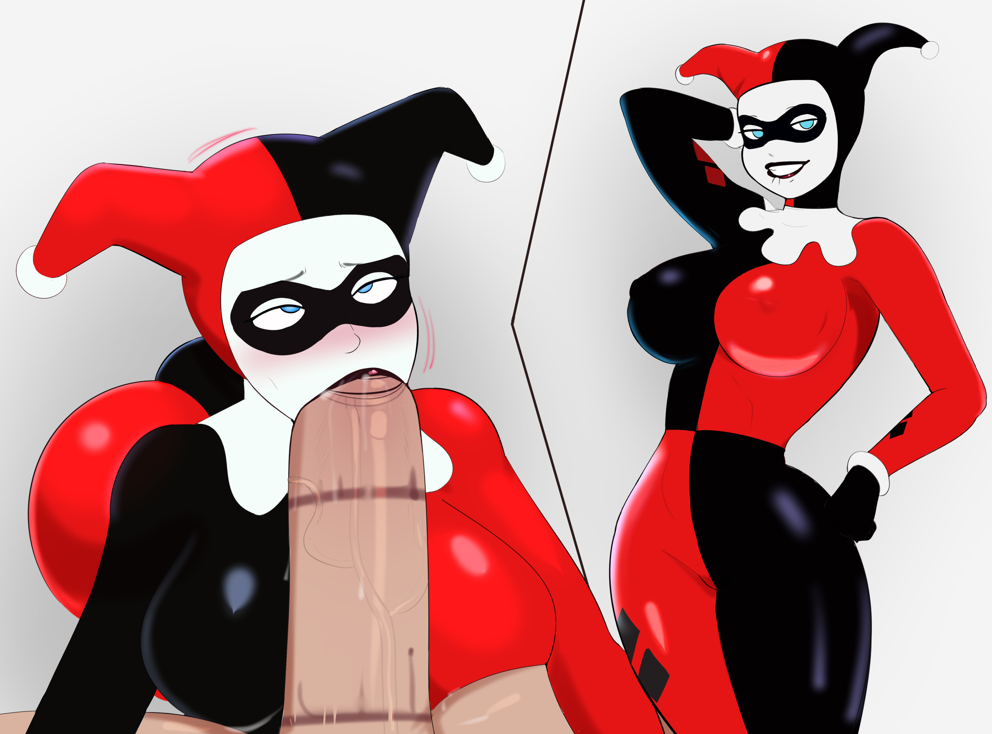 1boy, 1girls, ass, batman (series), batman: the animated series, before and after, big penis, biting lip, black lipstick, blowjob, blue eyes, bodysuit, breasts, dark lipstick, dc, dc comics, dcau, deepthroat mark, domino mask, eye contact, fellatio, female, g3mma, gigantic penis, harley quinn, harley quinn (classic), hi res, huge breasts, imminent oral, jester cap, kneeling, large breasts, large penis, lipstick, lipstick mark, lipstick on penis, long penis, makeup, male, male pov, oral, oral sex, penis, pov, red lipstick, seductive eyes, seductive smile, straight, thick thighs, tight clothing, twintails, uncensored, white makeup, wide hips