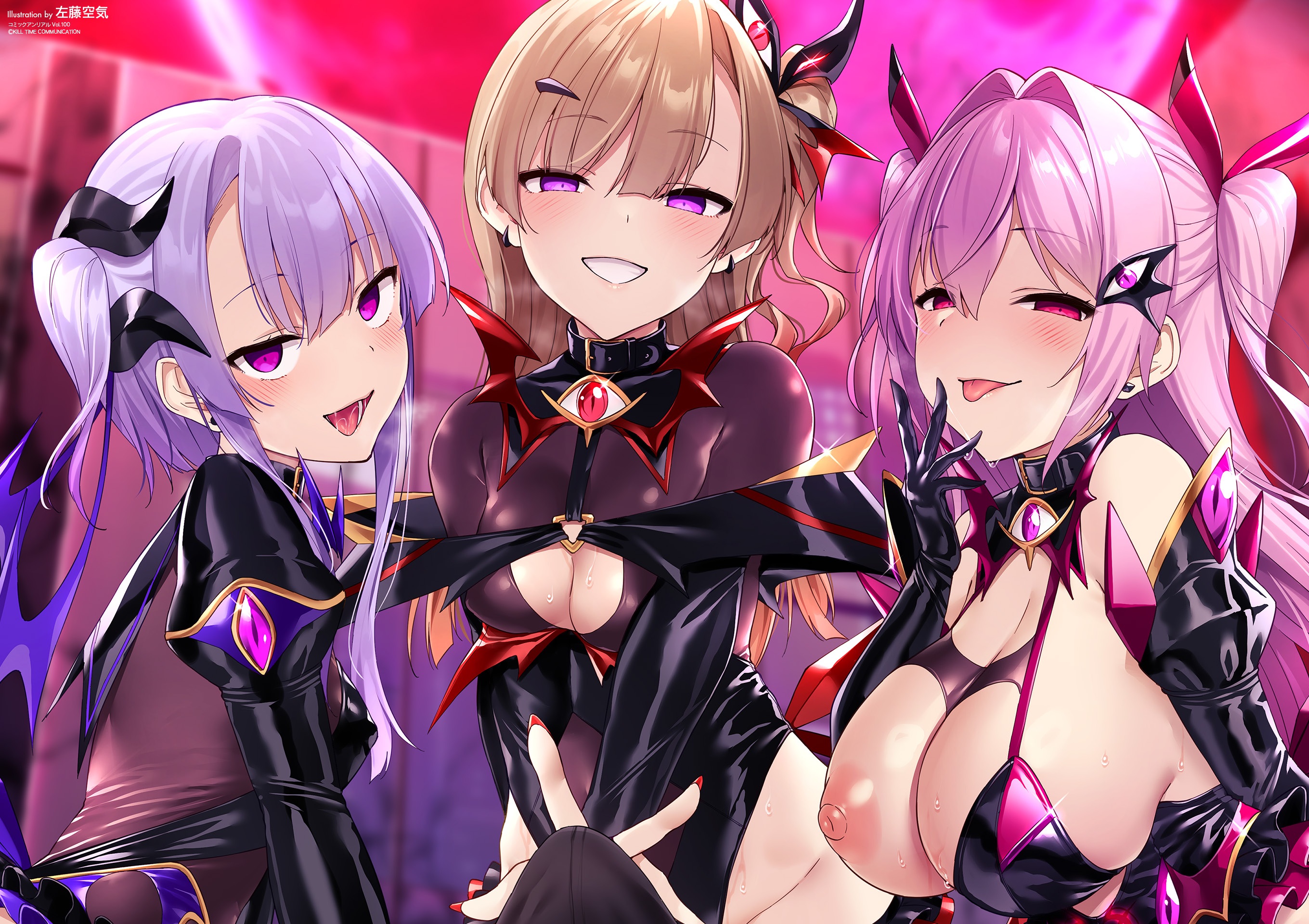 3girls, aisei tenshi love mary, akari asahina, black gloves, blonde hair, blush, breasts, bulge, collar, corruption, dark persona, demon, erection under clothes, female, female only, gender transformation, genderswap, genderswap (mtf), large breasts, latex, leotard, light blue hair, looking at viewer, magical girl, medium breasts, mind control, multiple females, multiple girls, naughty face, naughty smile, nipple slip, official art, one breast out, open mouth, open smile, pink hair, rule 63, satou kuuki, sideboob, skimpy clothes, small breasts, sticking out tongue, succubus, succubus mary lapiz, succubus mary primera, succubus mary stella, sweat, tongue, tongue out, transformation, yudzuki mahiro, yuri mahiro