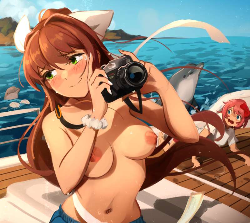 2girls big_breasts bikini_top blue_eyes blue_sky blush blush_lines boat bow bra breasts camera doki_doki_literature_club dolphin english_text female female_only green_eyes hairbow holding holding_camera holding_object khyleri long_hair monika_(doki_doki_literature_club) multiple_girls nipples object on_boat open_mouth red_bow red_hair_bow red_hairbow sayori_(doki_doki_literature_club) scrunchie scrunchie_on_wrist sky strawberry_blonde_hair text topless topless_female water white_bikini_top white_bow white_bra white_scrunchie