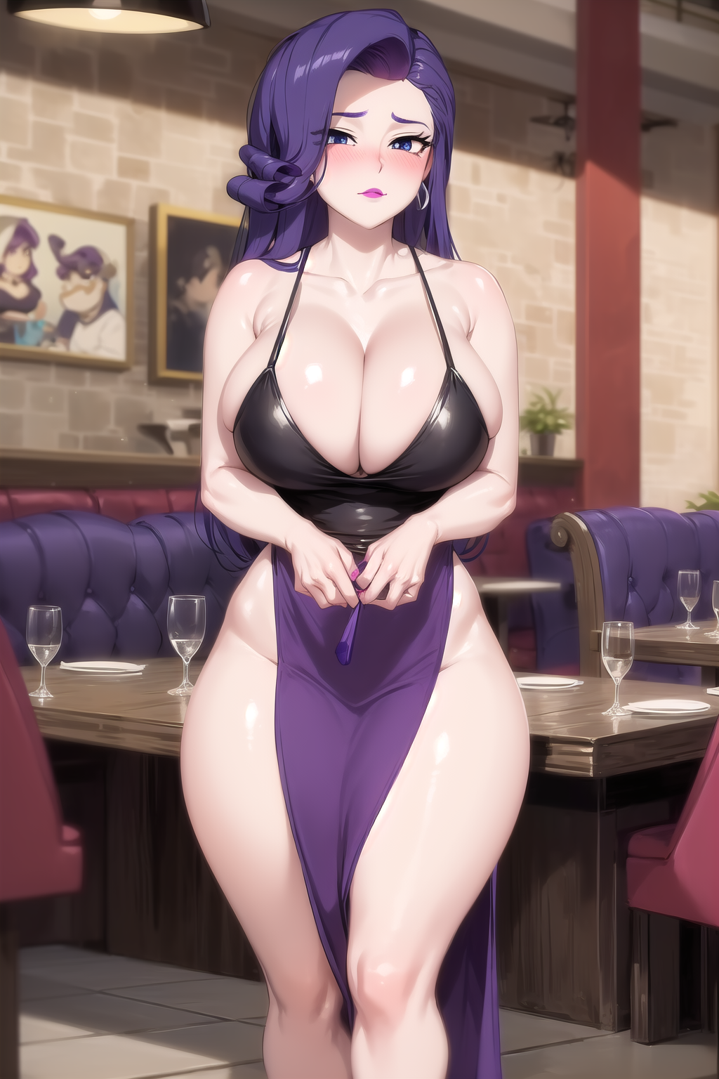 1girls, ai generated, big breasts, blush, breasts, cleavage, embarrassed, equestria girls, female, female only, friendship is magic, hasbro, huge breasts, human, large breasts, my little pony, rarity (eg), rarity (mlp), solo, solo female, the hotshot, thick thighs, wide hips