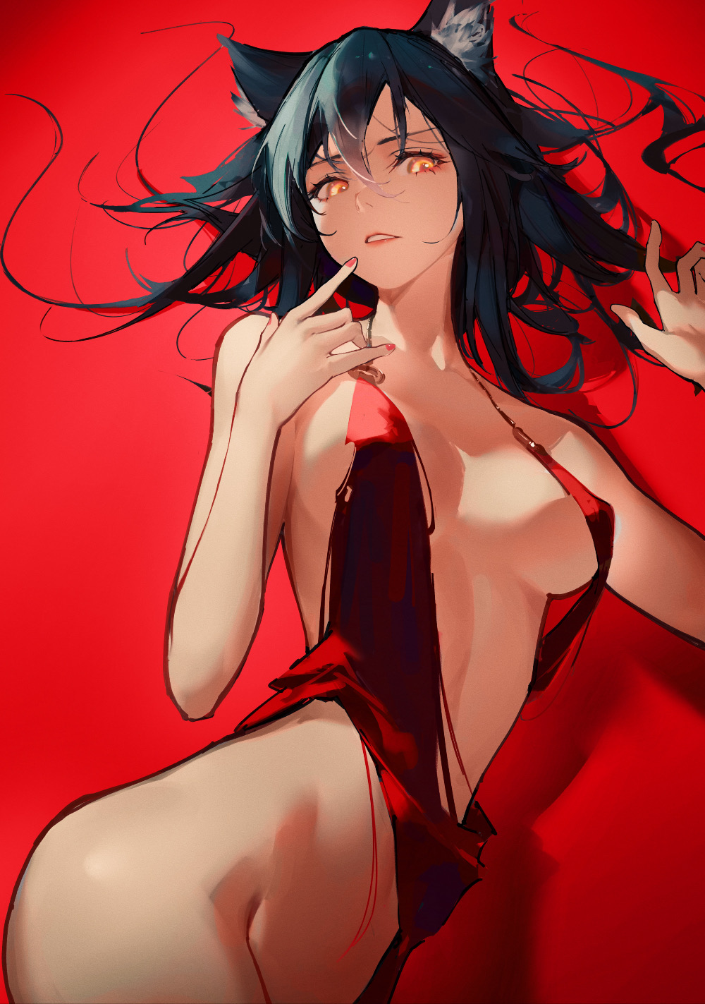 1girls, animal ears, arknights, big breasts, black hair, breasts, clothed, clothing, dress, eyyy, female, female only, light skin, light-skinned female, red background, red nails, revealing clothes, skimpy clothes, solo, texas (arknights), wolf ears, wolf girl, yellow eyes