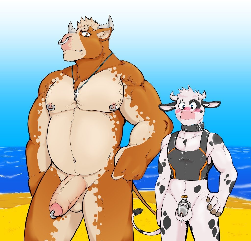 2boys beach big_cock big_dom_small_sub big_penis black_and_white_fur blush bull chastity_cage chastity_slave cock cock_piercing cow_ears cow_horns dick furry furry_beach furry_only furrynoata-kun gay genital_piercing genitals leaking leaking_cum leaking_precum male male_only master_and_slave muscular muscular_male nude_beach penis piercing piercings retracted_foreskin sex_slave slave slave_in_chastity twink twink_body vhastity yaoi