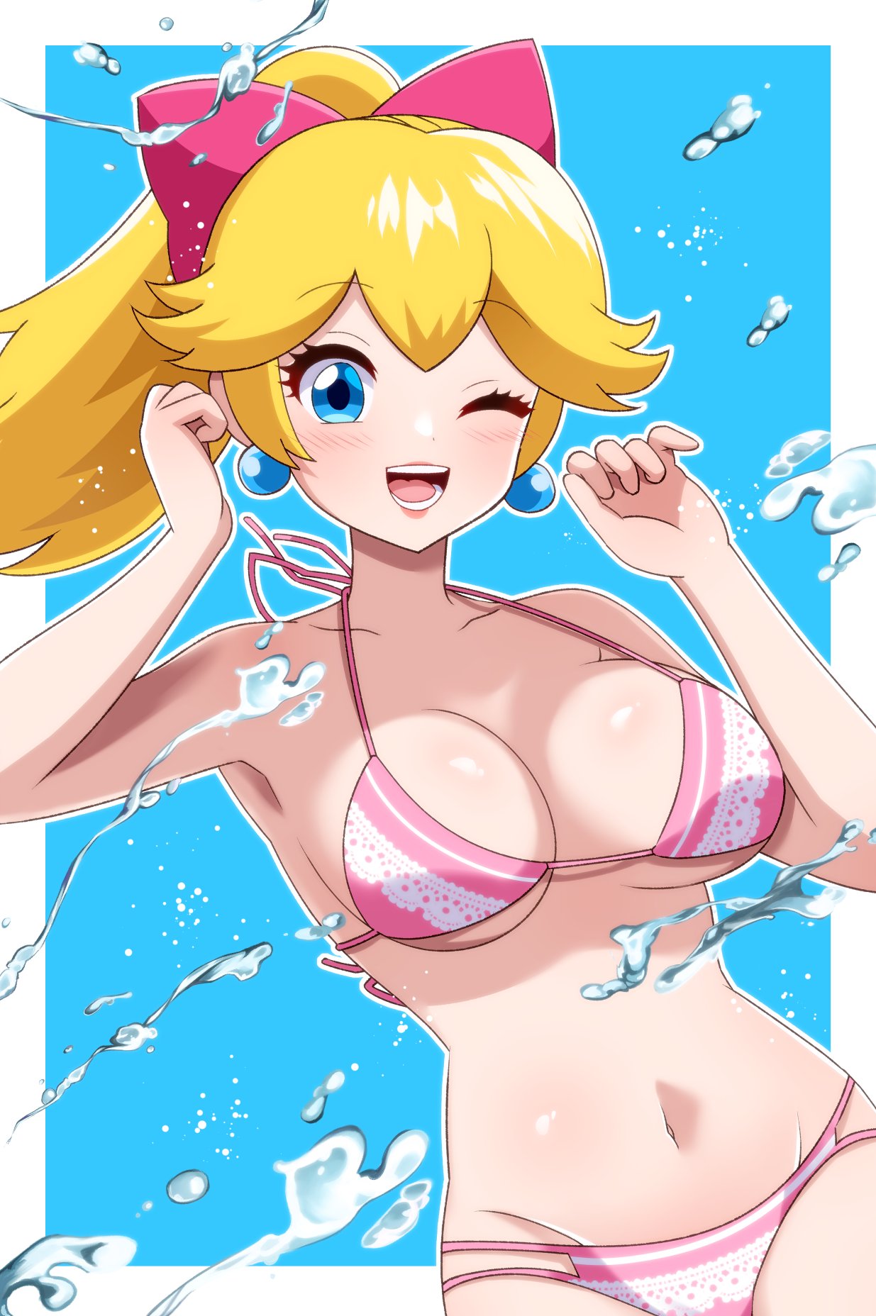 1girls bikini blonde_hair blue_eyes blush breasts dooon_chaaan earrings female female_only hairbow light-skinned_female light_skin lips looking_at_viewer mario_(series) medium_breasts navel nintendo one_eye_closed open_mouth ponytail princess_peach princess_peach:_showtime! simple_background smile solo string_bikini tagme tied_hair water white_border wink winking_at_viewer