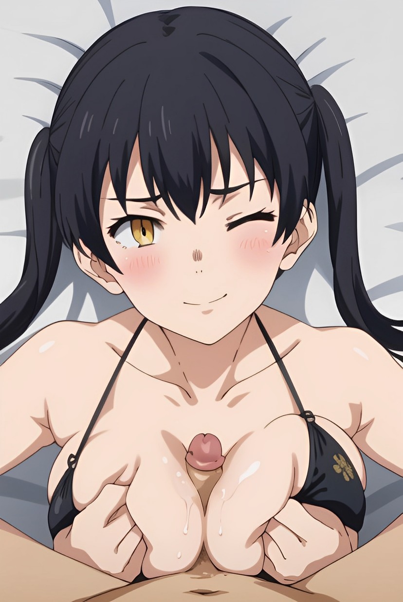 1boy 1boy1girl 1girls ai_generated bikini bikini_top black_hair blush boobjob breasts enen_no_shouboutai fire_force kotatsu_tamaki light-skinned_female light_skin long_hair looking_at_viewer medium_breasts nopemope26 nude nude_female one_eye_closed paizuri paizuri_under_clothes penis pov pov_crotch pov_eye_contact smile smiling smiling_at_viewer titfuck_under_clothes titjob twintails wink winking_at_viewer yellow_eyes