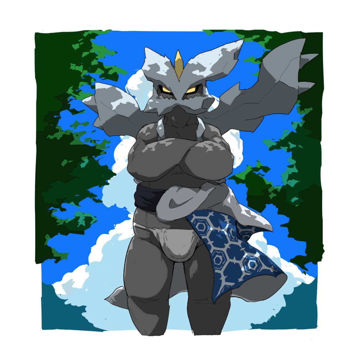 2023 anthro asian_clothing clothing cloud colored crossed_arms east_asian_clothing fundoshi generation_5_pokemon japanese_clothing kyurem legendary_pokemon male moesouna_gomi muscular navel nintendo outside pokemon pokemon_(species) sky solo underwear white_clothing white_fundoshi white_underwear