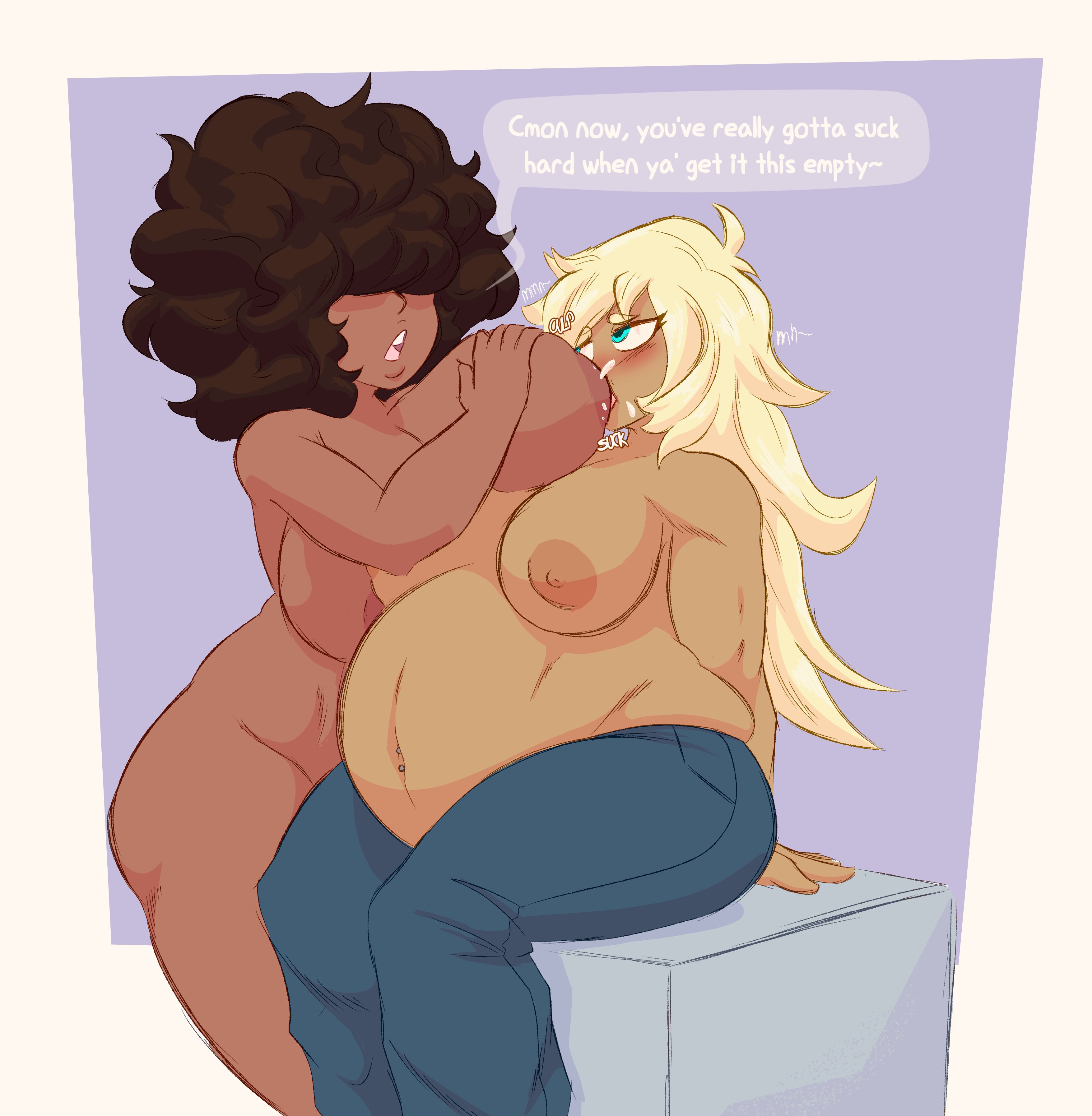2girls, belly, big belly, big breasts, blush, breastfeeding, breasts, dark skin, dark-skinned female, female, lactation, navel piercing, nipples, pregnant, sunsleptos, yuri