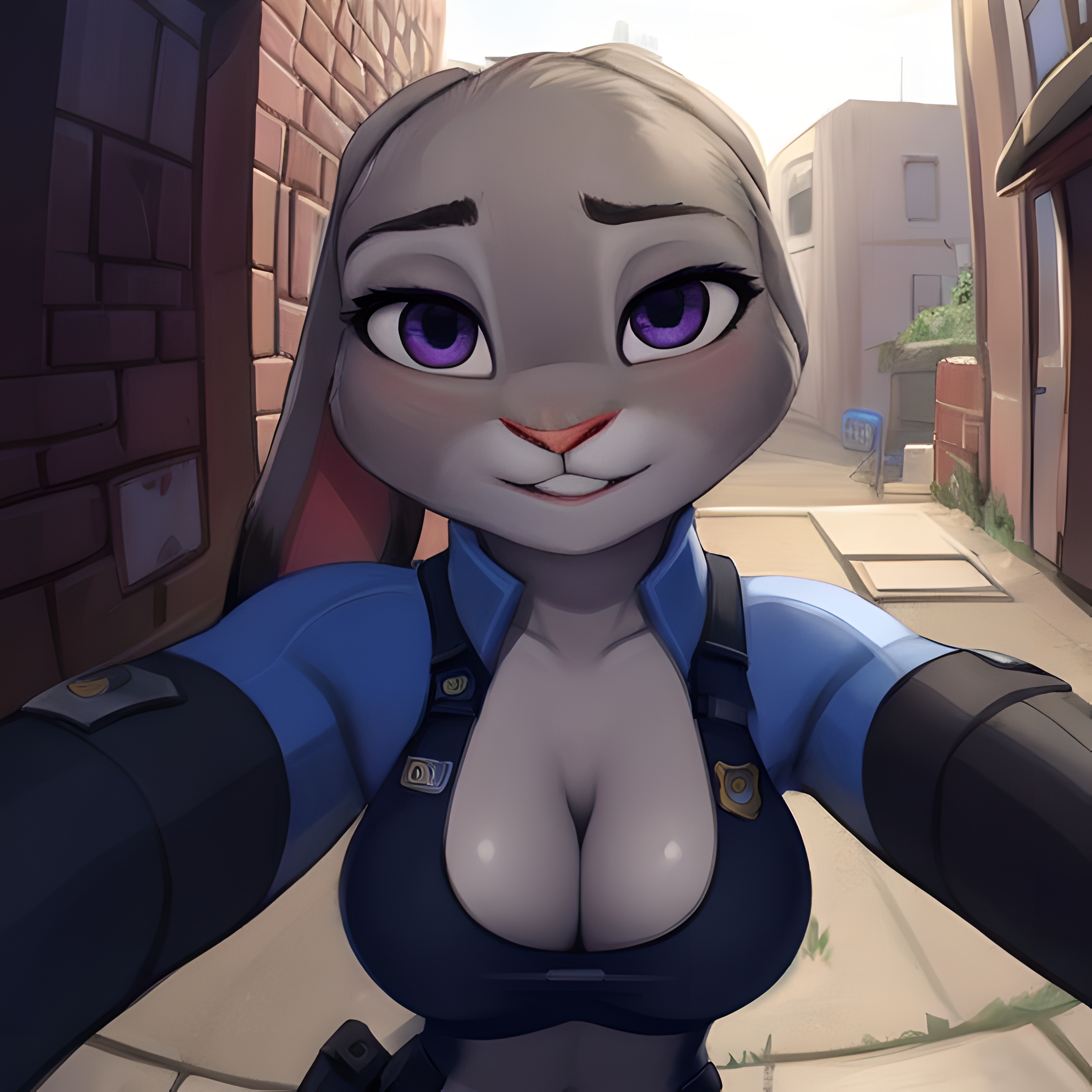 ai generated, anthro, breasts, brick, brick wall, buildings, cleavage, clothed, dipstick ears, disney, female, furry, judy hopps, lagomorph, large breasts, leporid, looking at viewer, lop ears, mammal, medium breasts, police, police uniform, policewoman, pov, purple eyes, rabbit, rabbit ears, solo, wall, zootopia