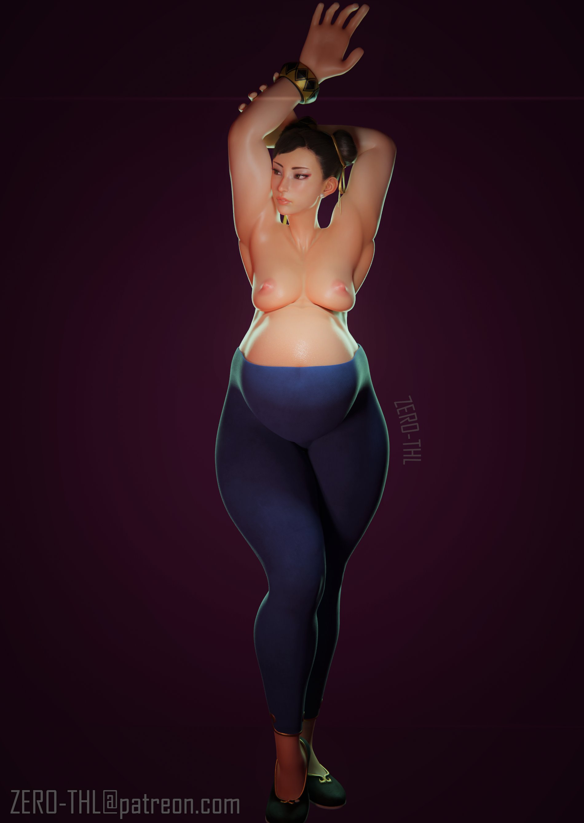 1girls, 3d, asian, asian female, belly, big belly, breasts, chun-li, female, female only, nipples, pregnant, solo, street fighter, street fighter 6, zero-thl
