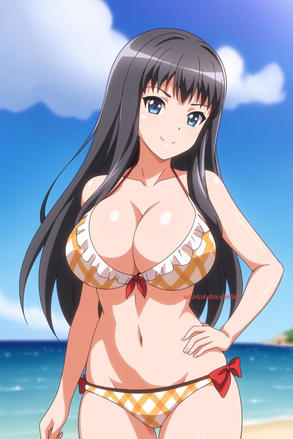 1girls ai_generated big_breasts bikini bikini_bottom bikini_top black_hair blue_eyes breasts busty cleavage cleft_of_venus curvaceous curves curvy curvy_body curvy_female curvy_figure curvy_hips eroge!_h_mo_game_mo_kaihatsu_zanmai facing_viewer female female_focus female_only fit fit_female front_view hand_on_hip himeno_kisara hips hourglass_figure large_breasts long_hair looking_at_viewer ruffles shiny_hair shiny_skin smile smiling smiling_at_viewer smug smug_expression smug_face smug_smile solo solo_female solo_focus toned toned_female very_long_hair voluptuous voluptuous_female wide_hips