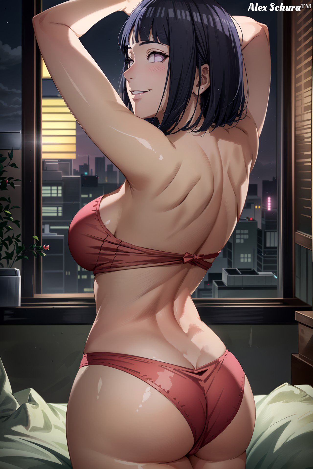 1girls, ai generated, alex-schura, ass, big breasts, boruto: naruto next generations, breasts, female, from behind, from behind position, hyuuga hinata, light skin, light-skinned female, looking at viewer, naruto, naruto (series), red underwear, solo, solo female, solo focus, thighs, underwear, uzumaki hinata