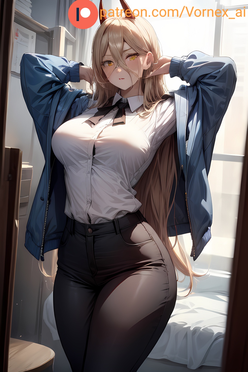1girls, ai generated, big breasts, blonde hair, breasts, chainsaw man, female, front view, horns, jeans, long hair, office lady, power (chainsaw man), seductive, solo, thick thighs, thighs, vornex ai