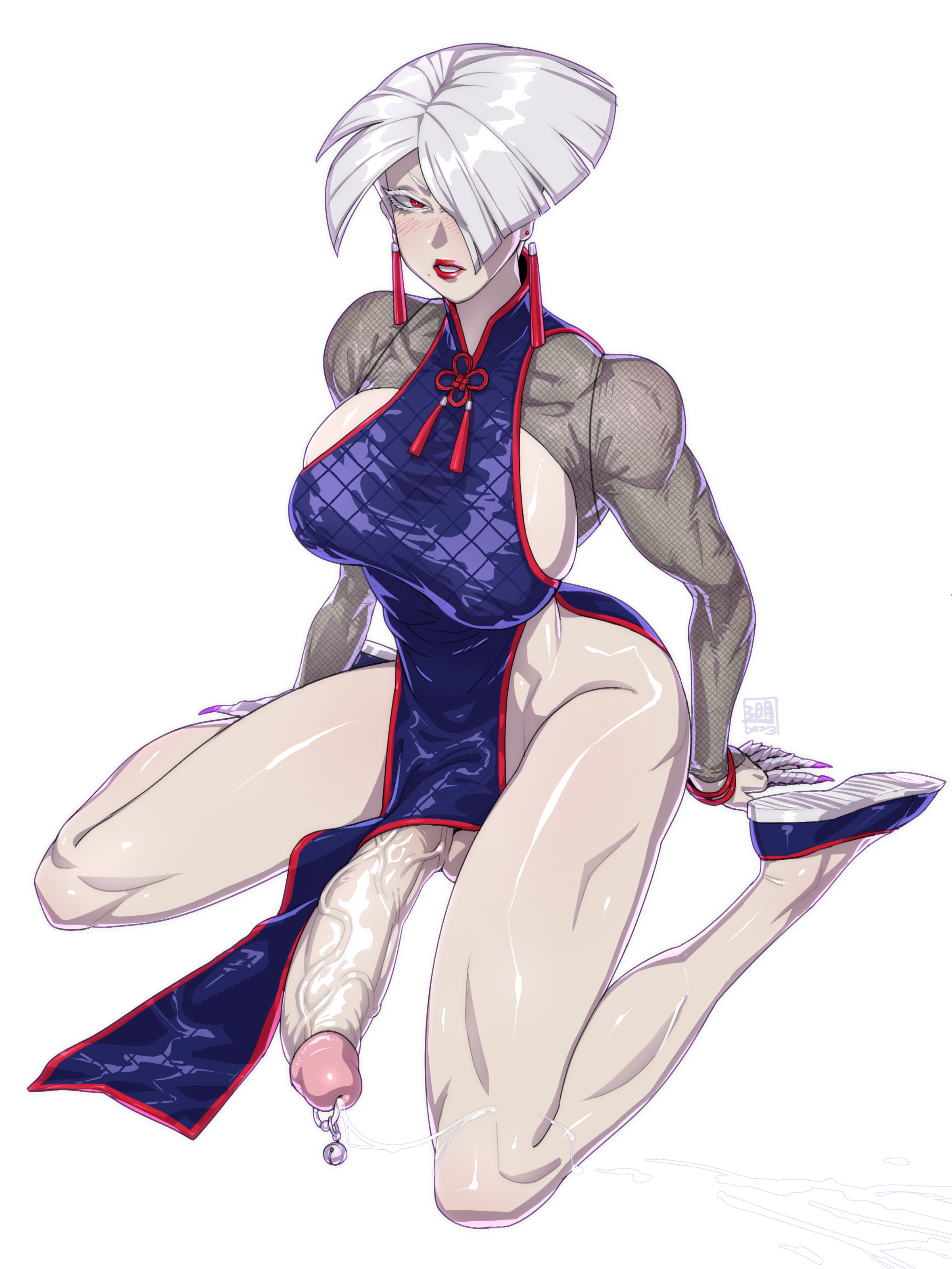 1futa, a.k.i., asian, big breasts, big penis, bottomless, breasts, busty, capcom, chinese, chinese clothes, clothed, clothing, cum, dick, dickgirl, erection, flats, futa only, futanari, hair over one eye, huge breasts, huge cock, human, humanoid, hung, hung futa, intersex, kneeling, large breasts, large penis, legs, lilminindahouse, long penis, mostly clothed, penis, penis piercing, piercing, shiny skin, short hair, sideboob, silver hair, solo, street fighter, street fighter 6, thick, thick legs, thick thighs, thighs, traditional clothes, veiny penis, video games, white background, white skin