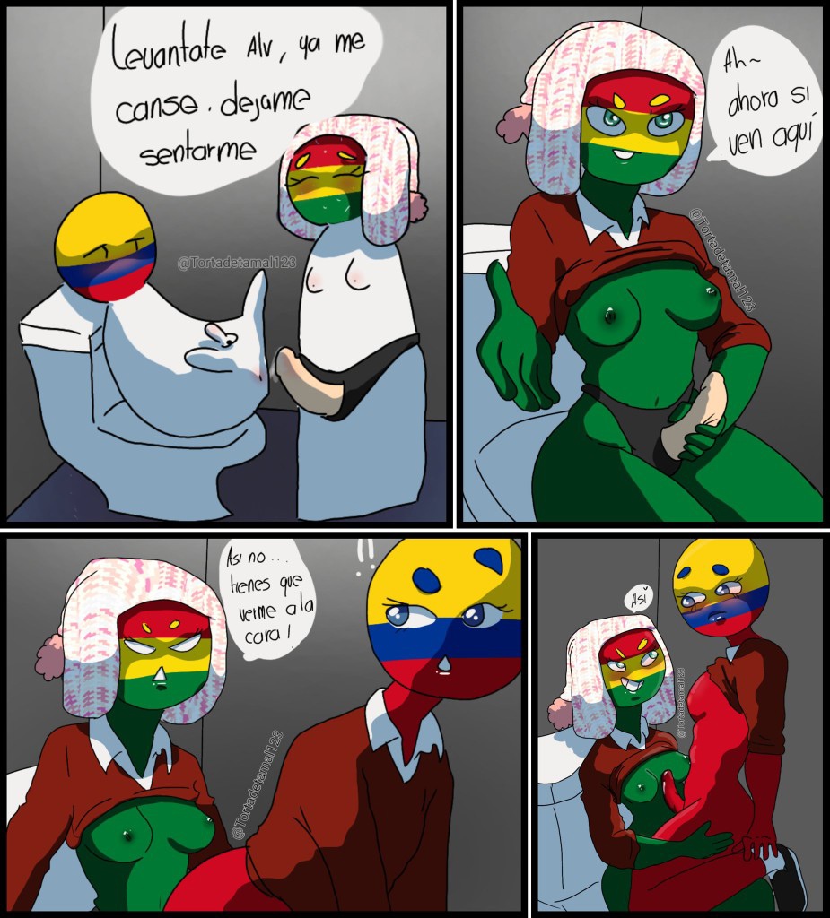 1futa 1girls artist_request balls blush bolivia_(countryhumans) bottomless breasts clothed clothing colombia_(countryhumans) countryhumans countryhumans_girl dialogue duo erection eyebrows female female_on_futa futanari green_body green_skin humanoid humanoid_penis medium_breasts mostly_nude national_personification pegging penis red_body red_skin schoolgirl spanish_text text translation_request