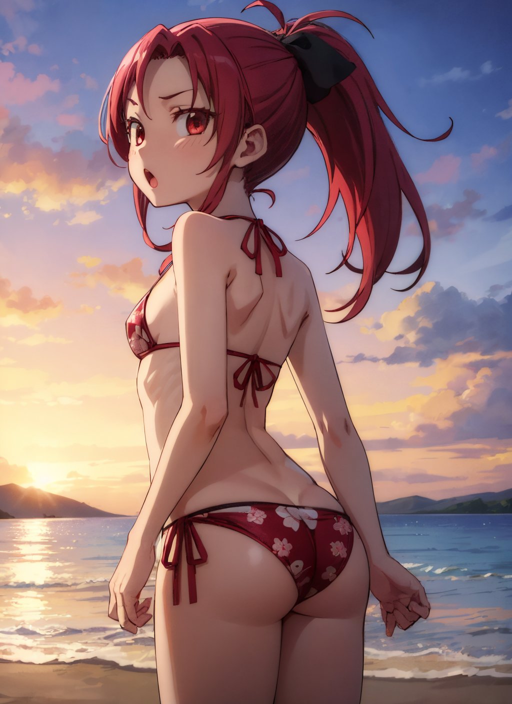 1girls, ai generated, ass, back, back view, beach, beach background, bikini, breasts, female, female only, flower pattern, hair ribbon, looking back, magical girl, mahou shoujo madoka magica, open mouth, ponytail, puella magi madoka magica, rear view, red bikini, red eyes, red hair, sakura kyouko, sideboob, small breasts, standing, swimsuit, teenage female, teenager