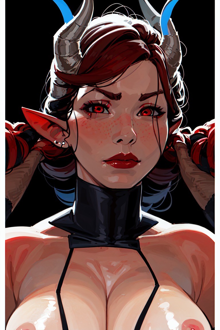 1girls ai_generated breasts demon_girl demon_horns female female_only freckles freckles_on_face original pointy_ears red_eyes red_hair red_lipstick shizmaboof solo solo_female stable_diffusion straight_hair