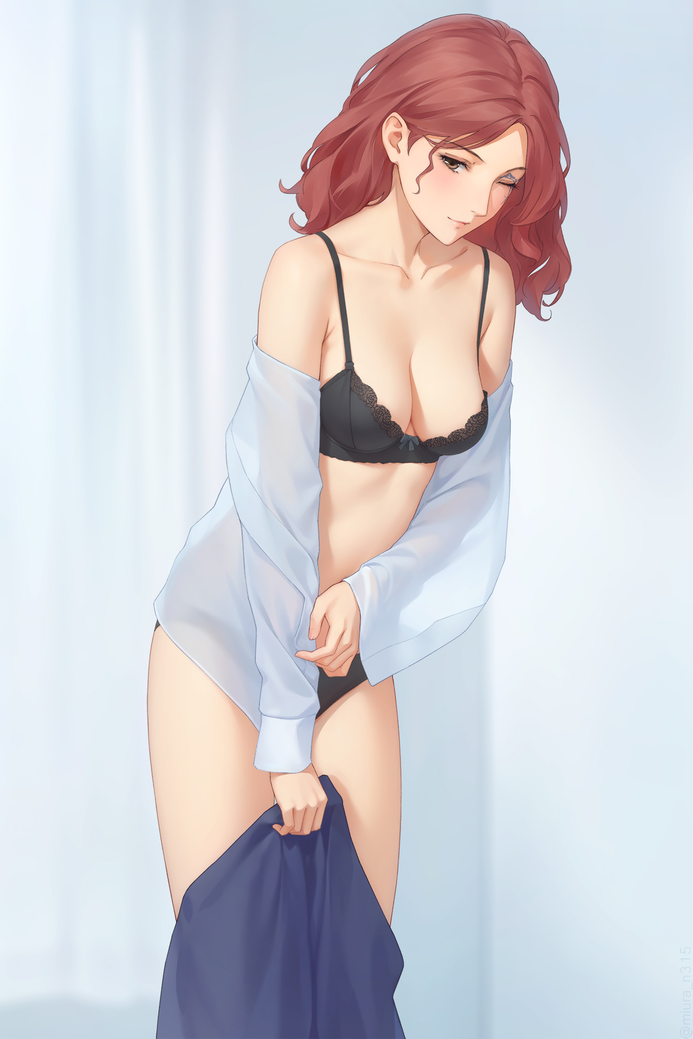 1girls, big breasts, blush, bra, breasts, cleavage, cute, elden ring, female, female only, fromsoftware, light skin, light-skinned female, melina (elden ring), miura-n315, office lady, shy, undressing, wholesome