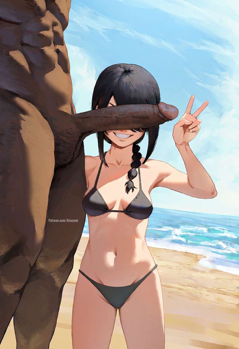 1boy, 1girls, ai generated, aisuyuni, beach, big penis, bikini, chainsaw man, cheating, cheating female, cheating girlfriend, cheating wife, cuckold, cuckolding, dark hair, dark-skinned male, interracial, nayuta (chainsaw man), netorare, ntr, peace sign, penis, smile, tummy, veiny penis, yellow eyes