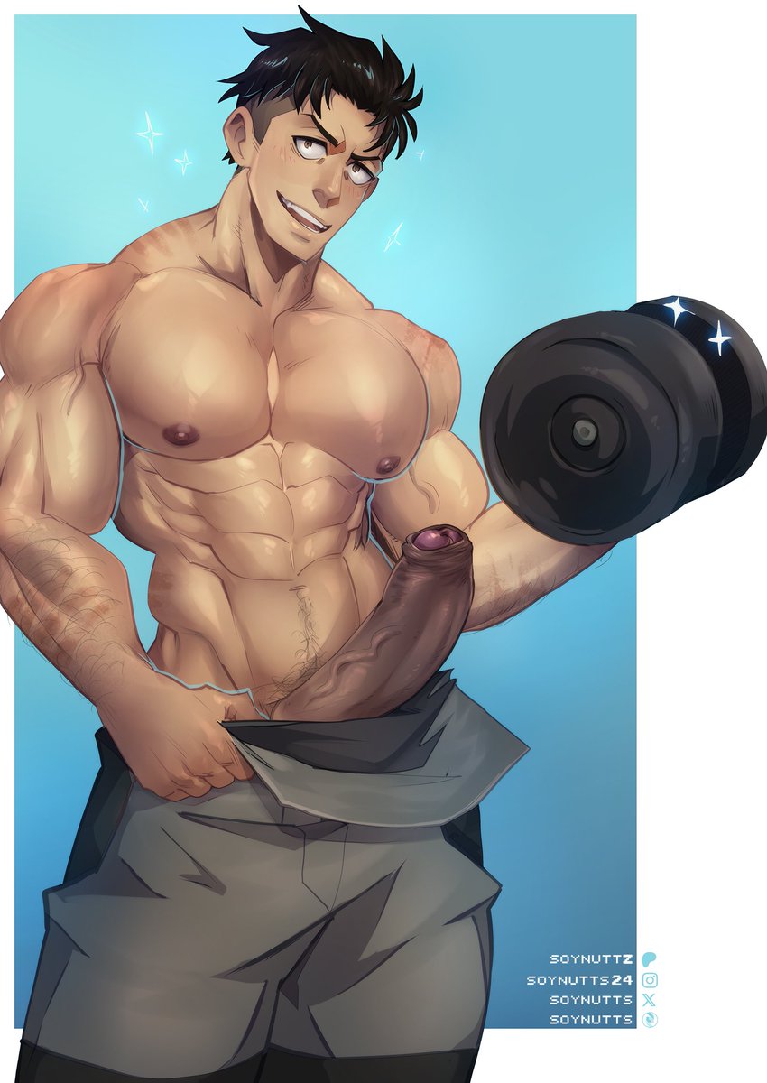 akitaru oubi, enen no shouboutai, erect penis, fire force, gay, male only, obi akitaru, oubi akitaru, penis, shirtless male, solo male, soynutts, weightlifting, weights