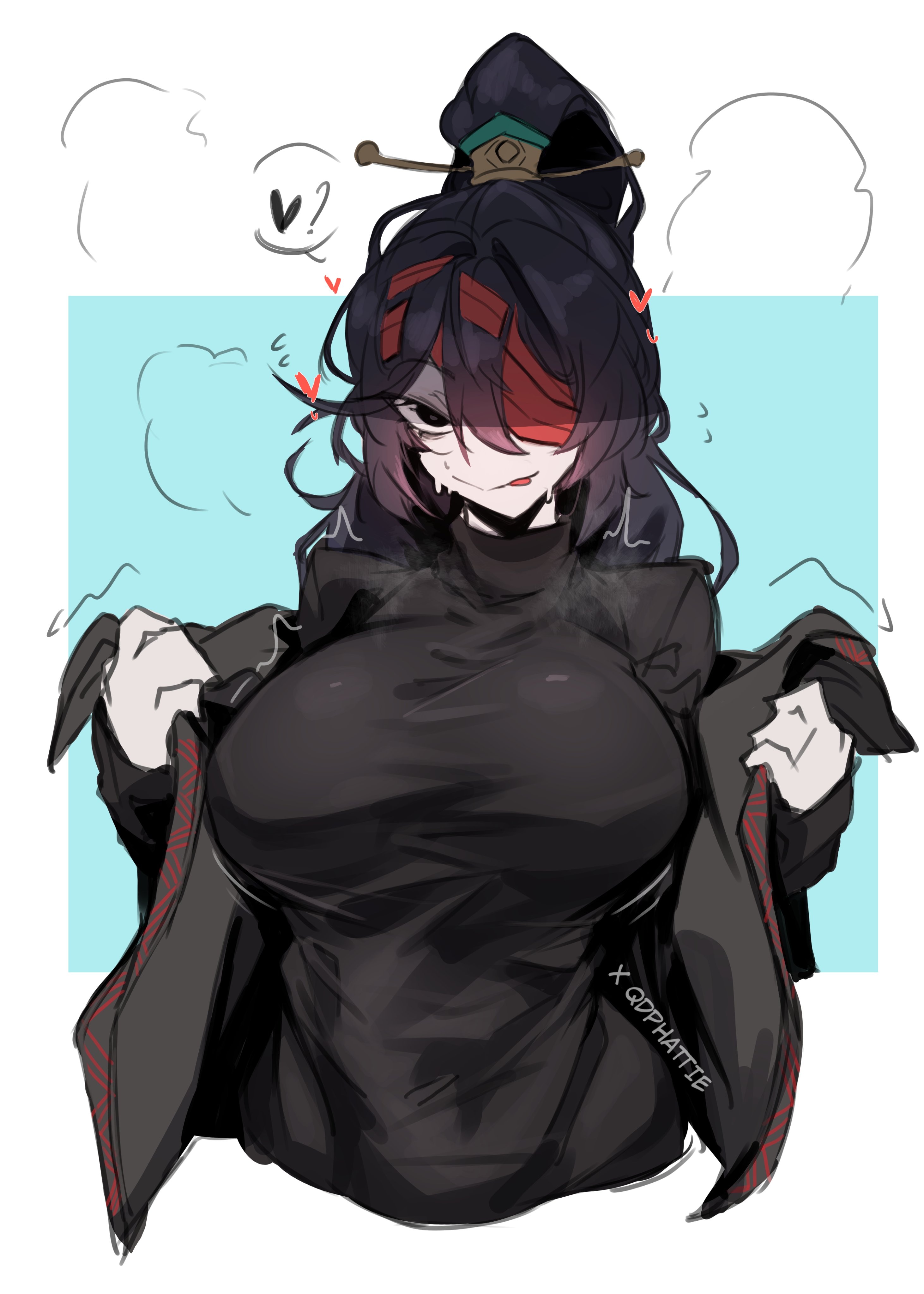 1female, 1girl, 1girls, bandage, bandage on face, bandaged head, bandages, bandages over eyes, big, big breasts, black eyes, black hair, blue background, breast focus, crazy eyes, eyepatch, female focus, flying sweatdrops, genderswap, genderswap (mtf), heart symbol, hong lu (limbus company), hourglass figure, hourglass figured female, jacket, jacket off shoulders, jacket open, jacket partially removed, limbus company, long hair, looking at viewer, looking back, pale-skinned female, ponytail, project moon, qdphatie, r63, red bandages, rule 63, simple background, solo female, steam, steaming body, sweat, sweatdrop, sweatdrops, tongue, trembling, white background, white skin