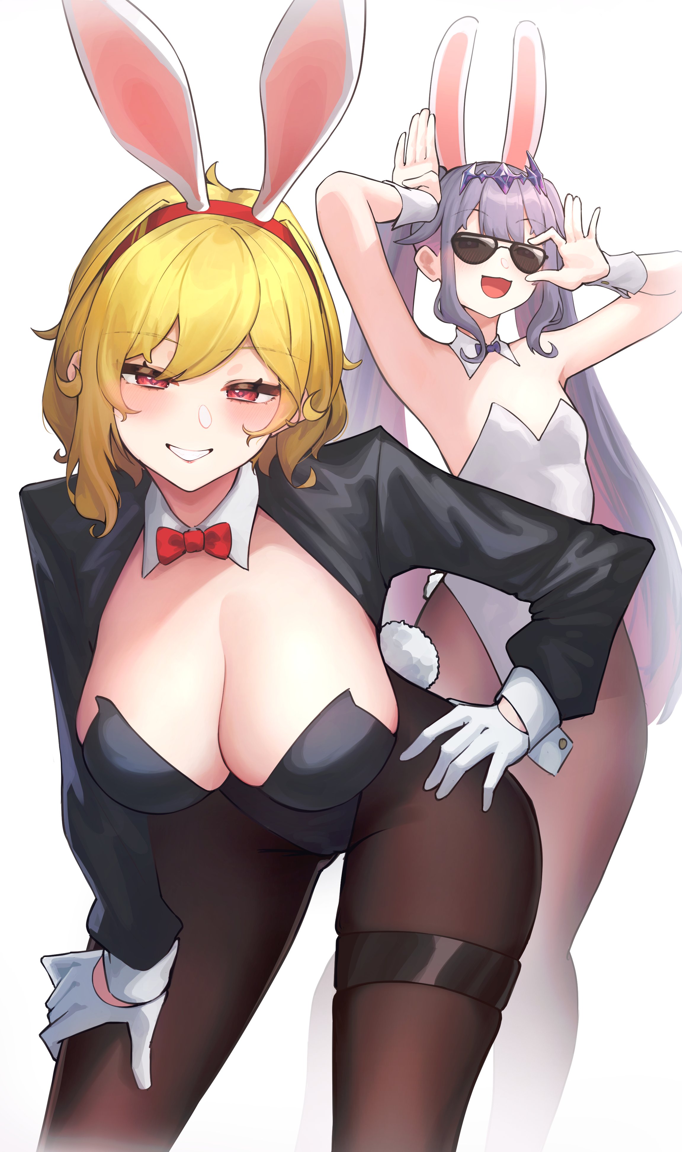 2girls, adjusting glasses, ass, ass visible from the front, bending over, bent over, blonde hair, blus, blush, blushing, blushing at viewer, bowtie, bunny ears headband, bunny pose, bunny tail, bunnygirl, bunnygirl outfit, bunnysuit, cleavage, clothed, clothed female, collar (clothes), cuffs (clothing), detatched collar, eyeshadow, fake animal ears, fake ears, female, female focus, female only, gloves, hair between eyes, hand on hip, hand on thighs, hanging breasts, hips, hololive, hololive english, hololive english -advent-, hololive indonesia, hololive indonesia holoh3ro, kaela kovalskia, koseki bijou, large breasts, leaning forward, light skin, light-skinned female, lipstick, long hair, looking at viewer, makeup, mouth open, pantyhose, pink hair, red eyes, short hair, showing off breasts, small breasts, smiling, standing, stockings, sunglasses, thick thighs, thigh strap, thighs, twintails, umamii, virtual youtuber, white background, white gloves, wide hips