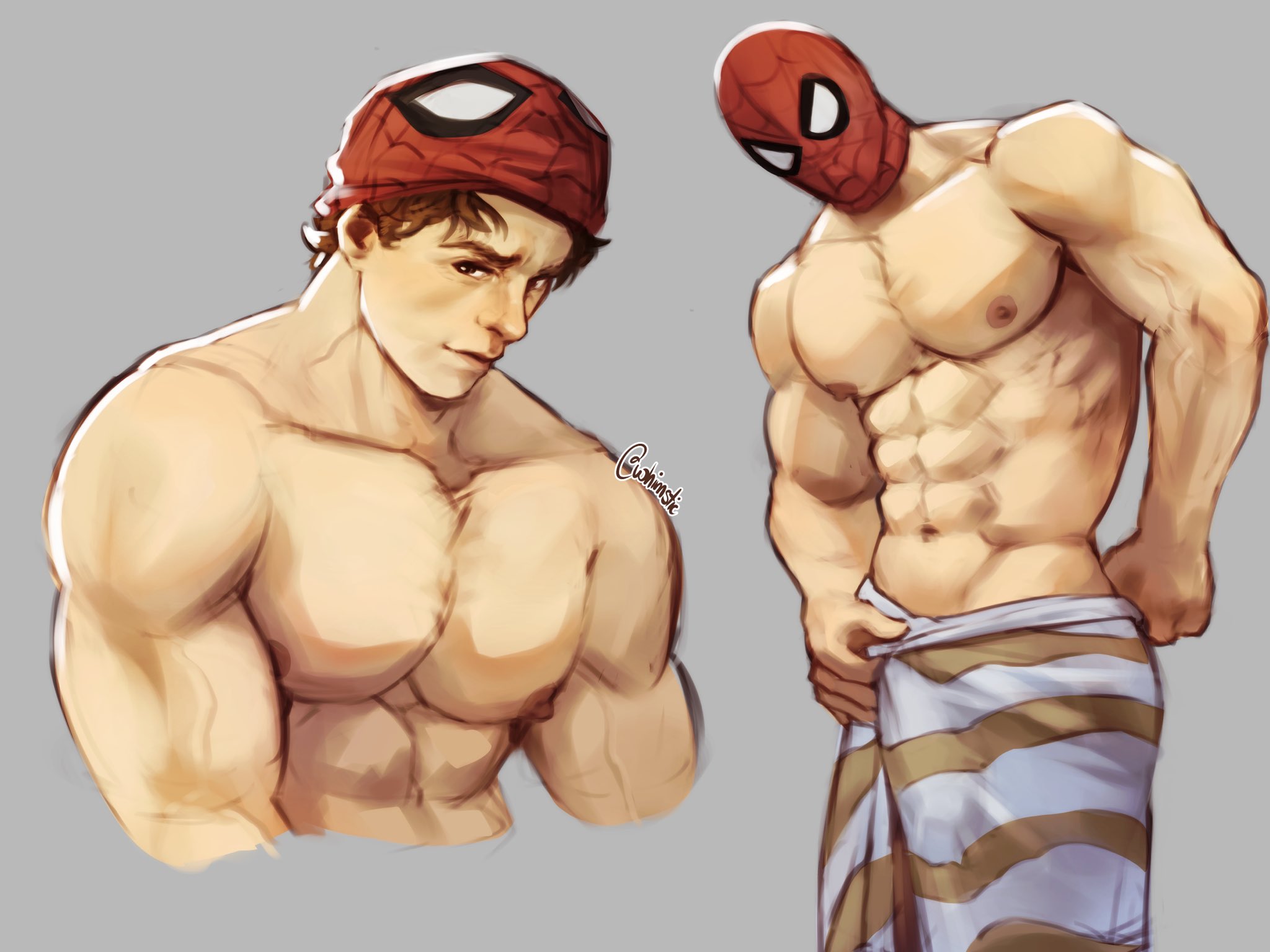 1boy, bara, big pecs, male, male only, marvel, marvel comics, mask, masked, masked male, muscular, muscular male, peter parker, solo, spider-man, spider-man (series), towel, towel around waist, whimstic