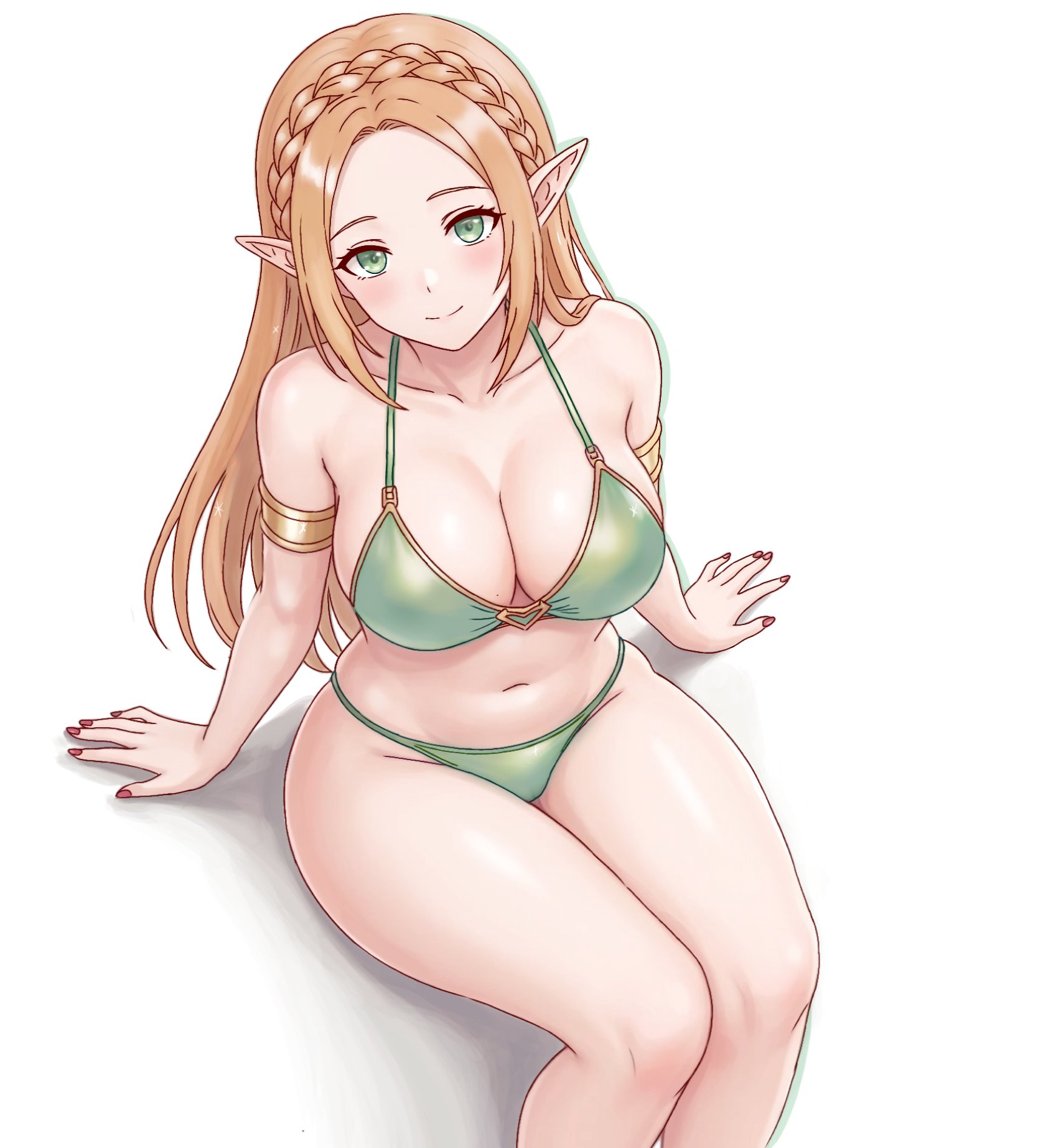1girl, alternate costume, arm support, armlet, bikini, blonde hair, blush, braid, breasts, cleavage, closed mouth, collarbone, commentary, crown braid, english commentary, from above, green bikini, green eyes, heyy vivii, highres, jewelry, large breasts, long hair, looking at viewer, navel, nintendo, parted bangs, pointy ears, princess zelda, red nails, simple background, smile, solo, stomach, swimsuit, the legend of zelda, the legend of zelda: breath of the wild, thighs, white background