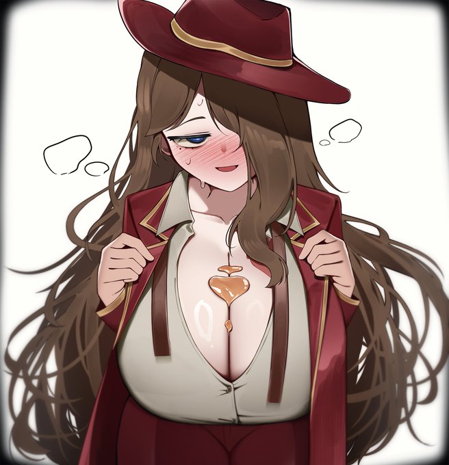 1female, 1girl, 1girls, big breasts, blue eyes, blush, brown hair, buttons, female focus, female only, light skin, limbus company, long hair, naya643502, oil, open chest, project moon, red clothing, rodion (limbus company), simple background, solo, solo female, solo focus, sweat, sweatdrop, sweating, sweaty, sweaty face, thumb blowing, valencina (limbus company), white background, white skin