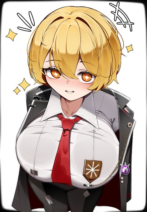 1female, 1girl, 1girls, big breasts, cloak, don quixote (limbus company), female focus, female only, limbus company, naya643502, project moon, red tie, smile, smiley face, solo, solo female, solo focus, tie, white background, yellow eyes, yellow hair