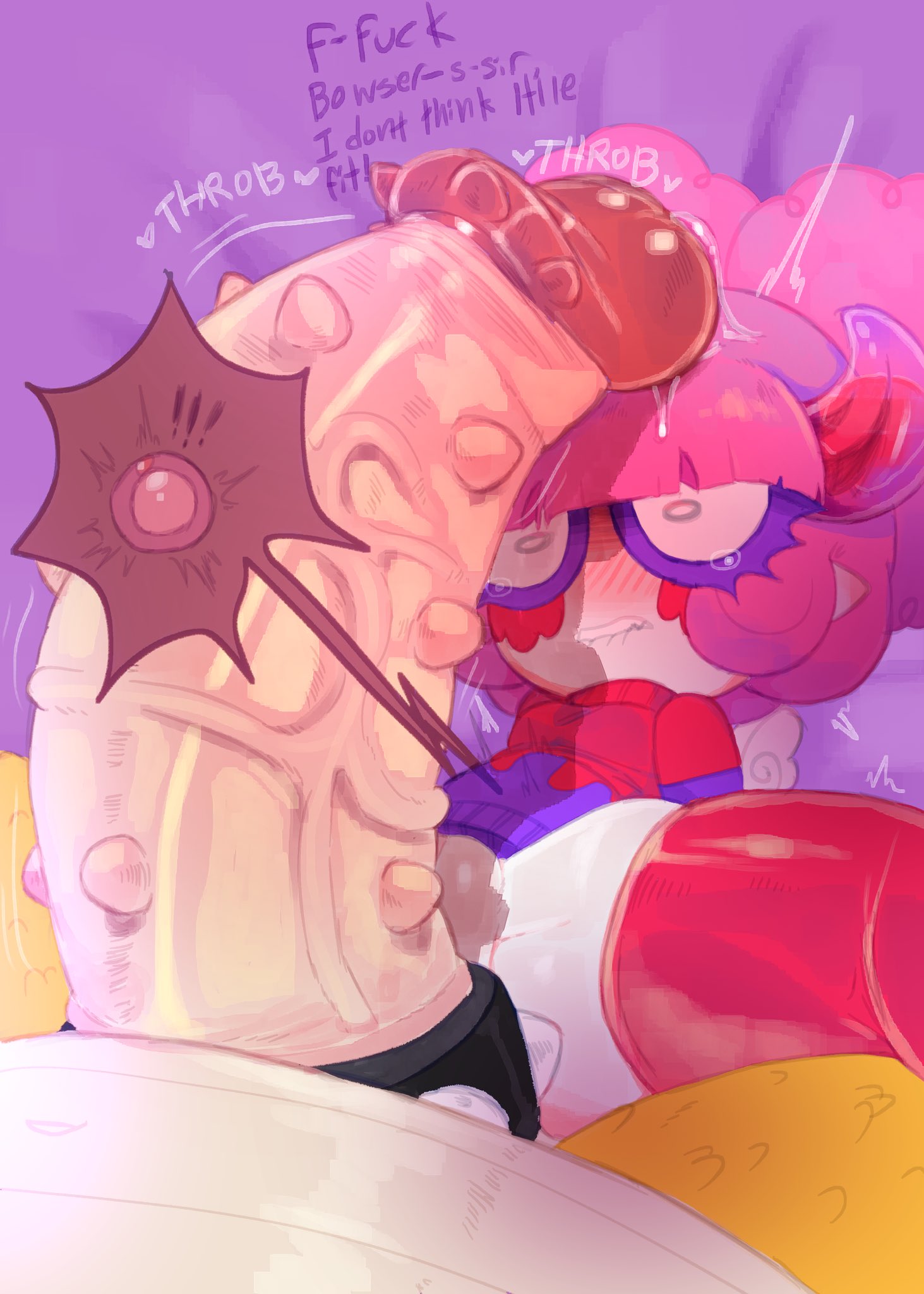 1boy, 1girls, biting own lip, bowser, chocovania (character), cock shock, horns, imminent sex, imp, koopa, larger male, mario (series), meweeze, nintendo, original, original character, short hair, shortstack, size difference, smaller female, spreading pussy, super mario bros.