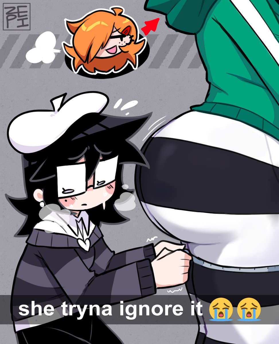 2girls, annie (zepiereite), ass, big ass, black hair, fat ass, female, glasses, he tryna ignore it (meme), sitting, standing, zepi (zepiereite), zepiereite