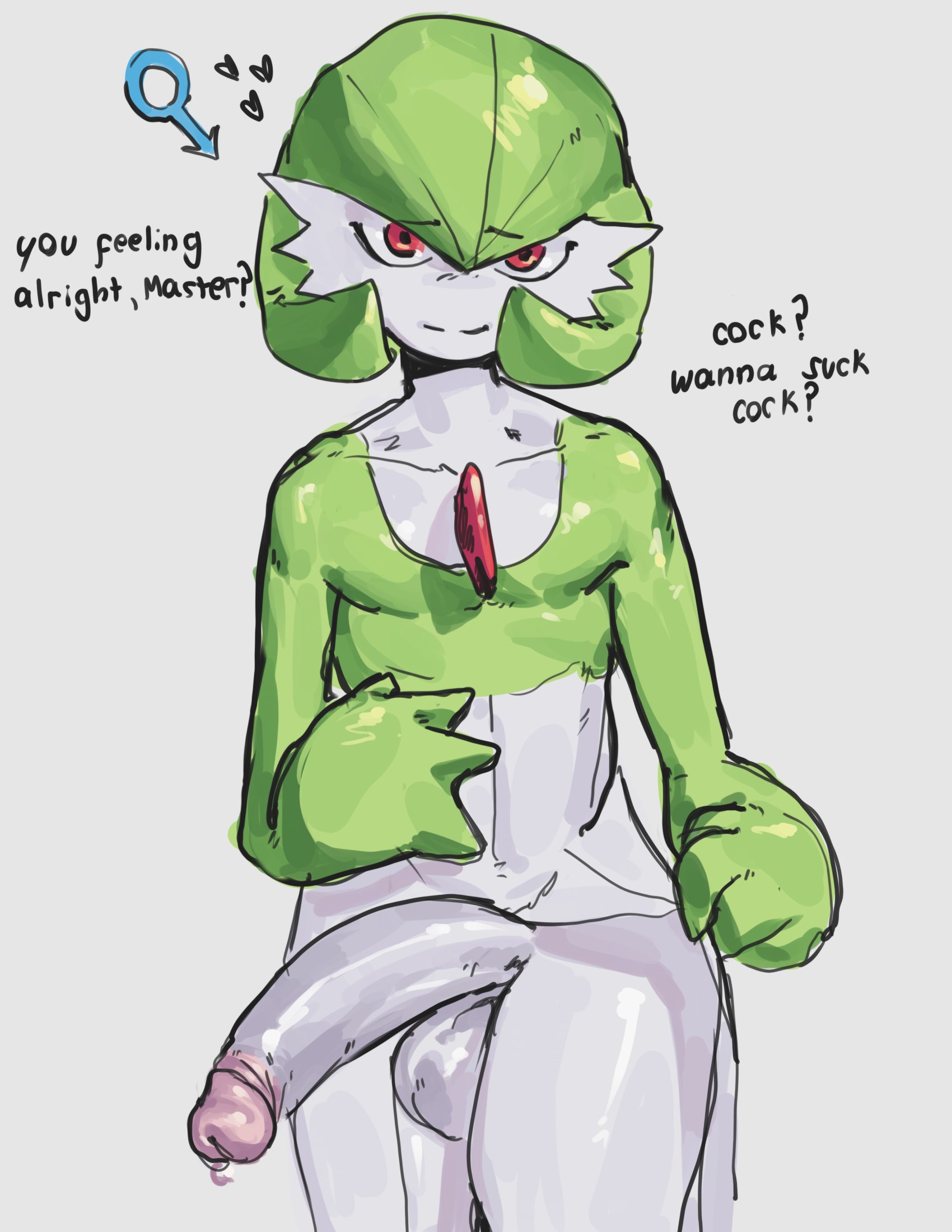 1boy, comforting, fasstart, femboy, femboy focus, femboy only, gardevoir, generation 3 pokemon, green hair, heart symbol, humanoid, humanoid male, humanoid only, hung femboy, hung trap, large penis, looking at viewer, male, male focus, male gardevoir, male only, male symbol, mars symbol, nintendo, pokemon, pokemon (species), pokemon only, presenting, presenting penis, red eyes, twitter link
