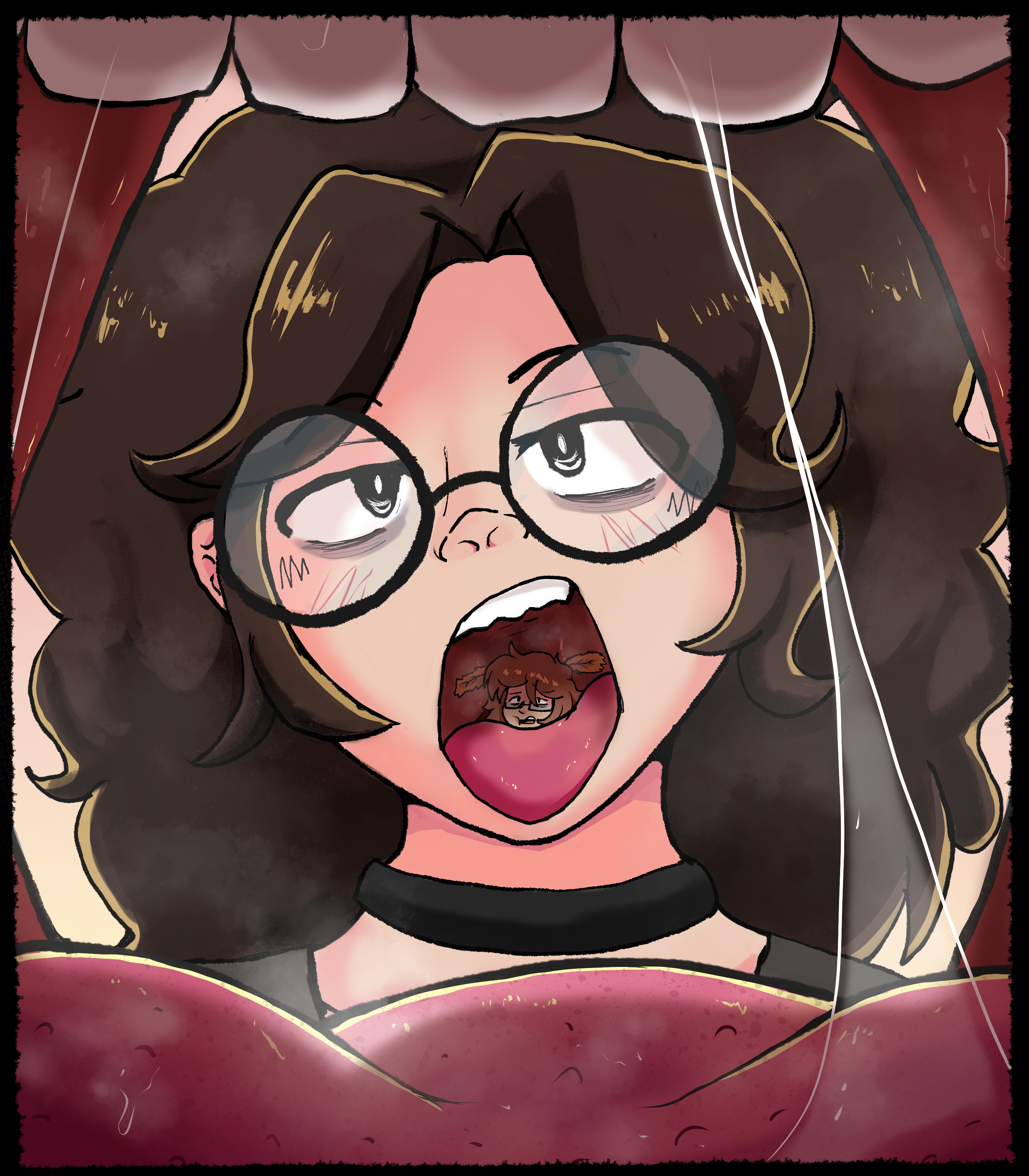 1boy, 1girls, artist request, female, female pred, giantess, glasses, imminent vore, larger female, male, male prey, mawshot, mouth shot, smaller male, vore