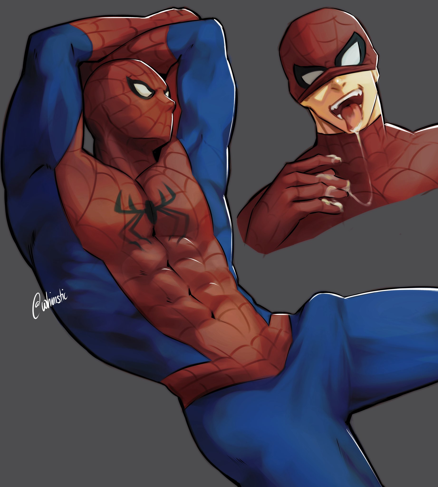 1boy, bara, boner, boner in pants, bulge, erection, erection under clothes, male, male only, marvel, marvel comics, mask, masked, masked male, muscular, muscular male, peter parker, solo, spider-man, spider-man (series), whimstic