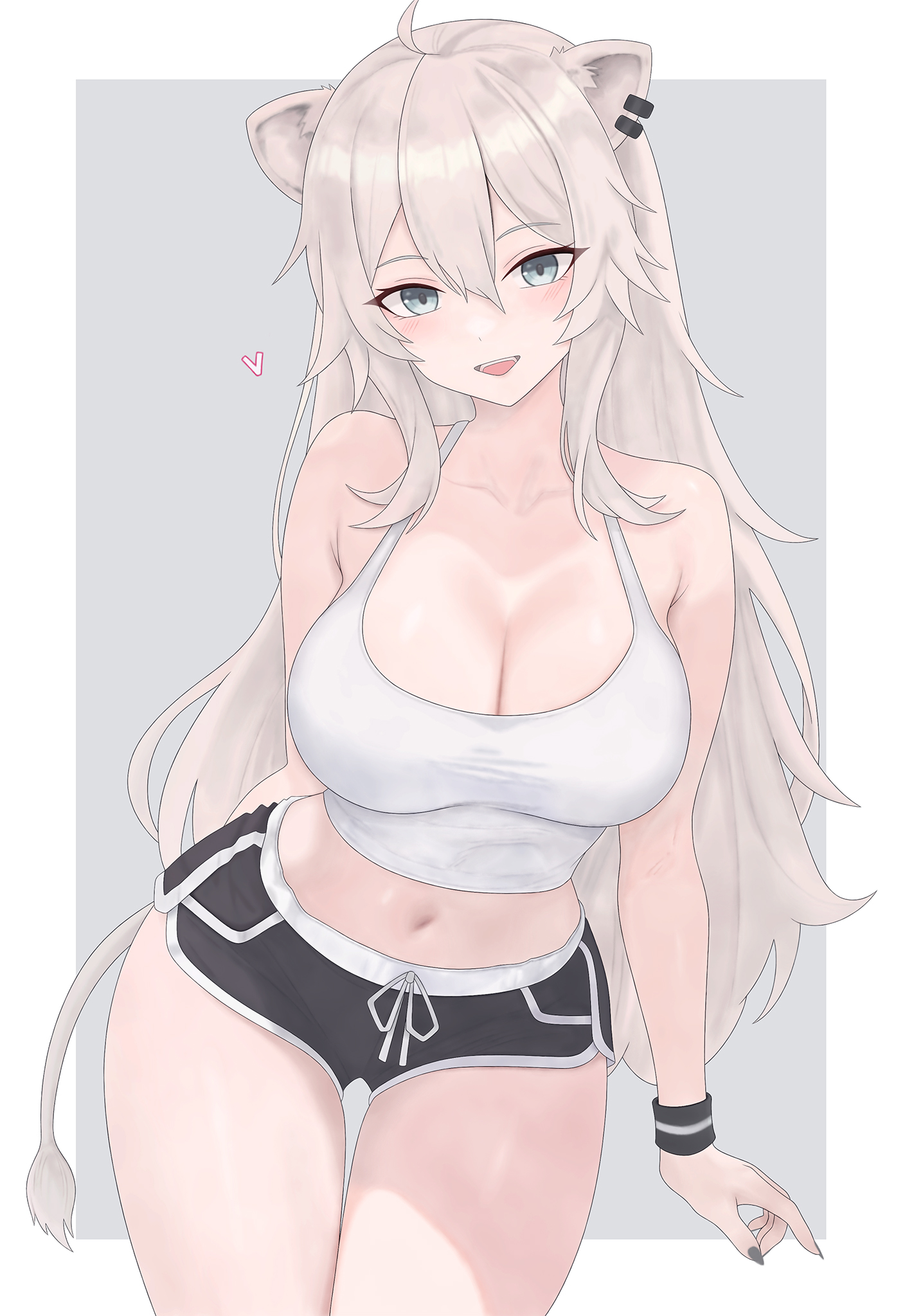 1girls, ahoge, animal ear piercing, animal ears, arabiki50, black shorts, breasts, busty, busty female, cleavage, commentary request, crop top, dolphin shorts, double-parted bangs, grey background, grey eyes, grey hair, hair between eyes, highres, hololive, large breasts, lion ears, lion girl, lion tail, long hair, looking at viewer, midriff, navel, open mouth, parallel piercings, shishiro botan, short shorts, shorts, sidelocks, simple background, smile, solo, tail, tank top, very long hair, virtual youtuber, white tank top