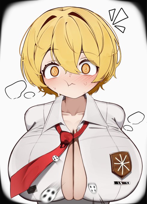 1female, 1girl, 1girls, big breasts, blush, buttons, buttons popping, don quixote (limbus company), female focus, female only, limbus company, naya643502, project moon, red tie, simple background, solo female, solo focus, tie, white background, yellow eyes, yellow hair