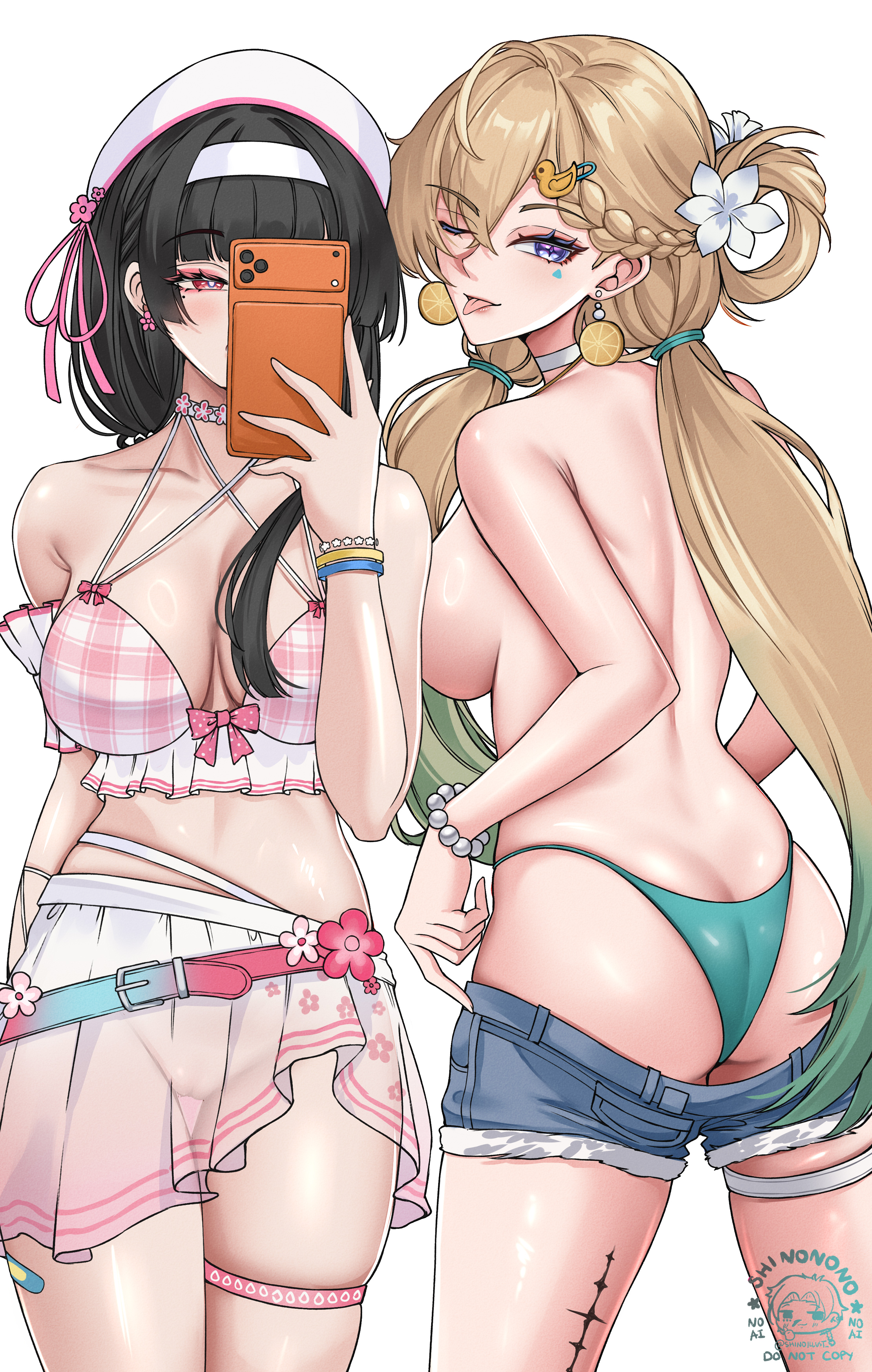 ass, beach, black hair, blonde, blonde female, blonde hair, blonde-haired female, breasts out, chisa (peach parfait) (wuthering waves), chisa (wuthering waves), exposed breasts, female, holding, holding phone, long hair, lynae (peppermint) (wuthering waves), lynae (wuthering waves), medium breasts, official alternate costume, pink swimsuit, purple eyes, red eyes, see-through clothing, see-through swimsuit, shinoillust, sitting, swimsuit, tongue out, topless, topless female, wuthering waves